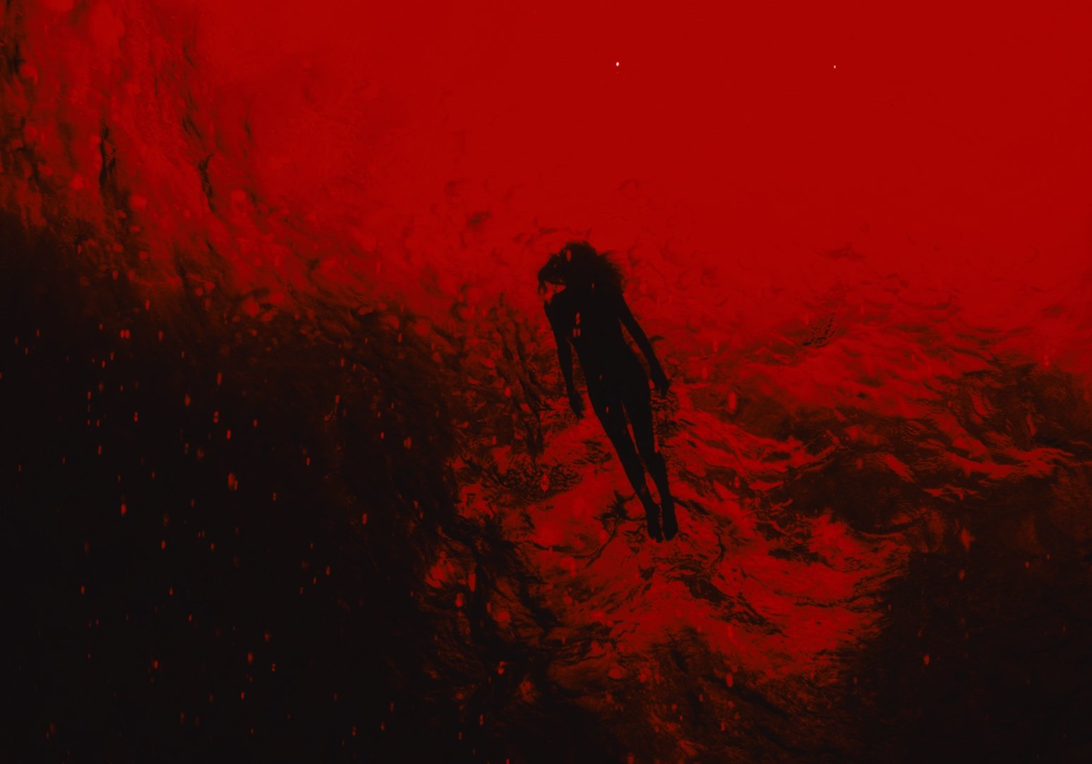 A dark, humanoid figure with long hair and elongated arms stands in front of a fiery red background that resembles a burnt or volcanic landscape.
