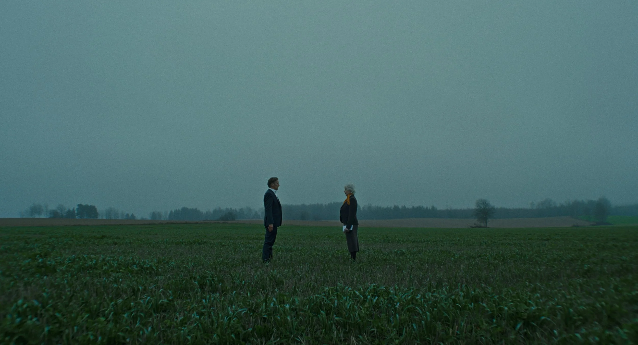 A man and a woman face each other in a vast green field under a gray sky, standing apart and looking at each other.