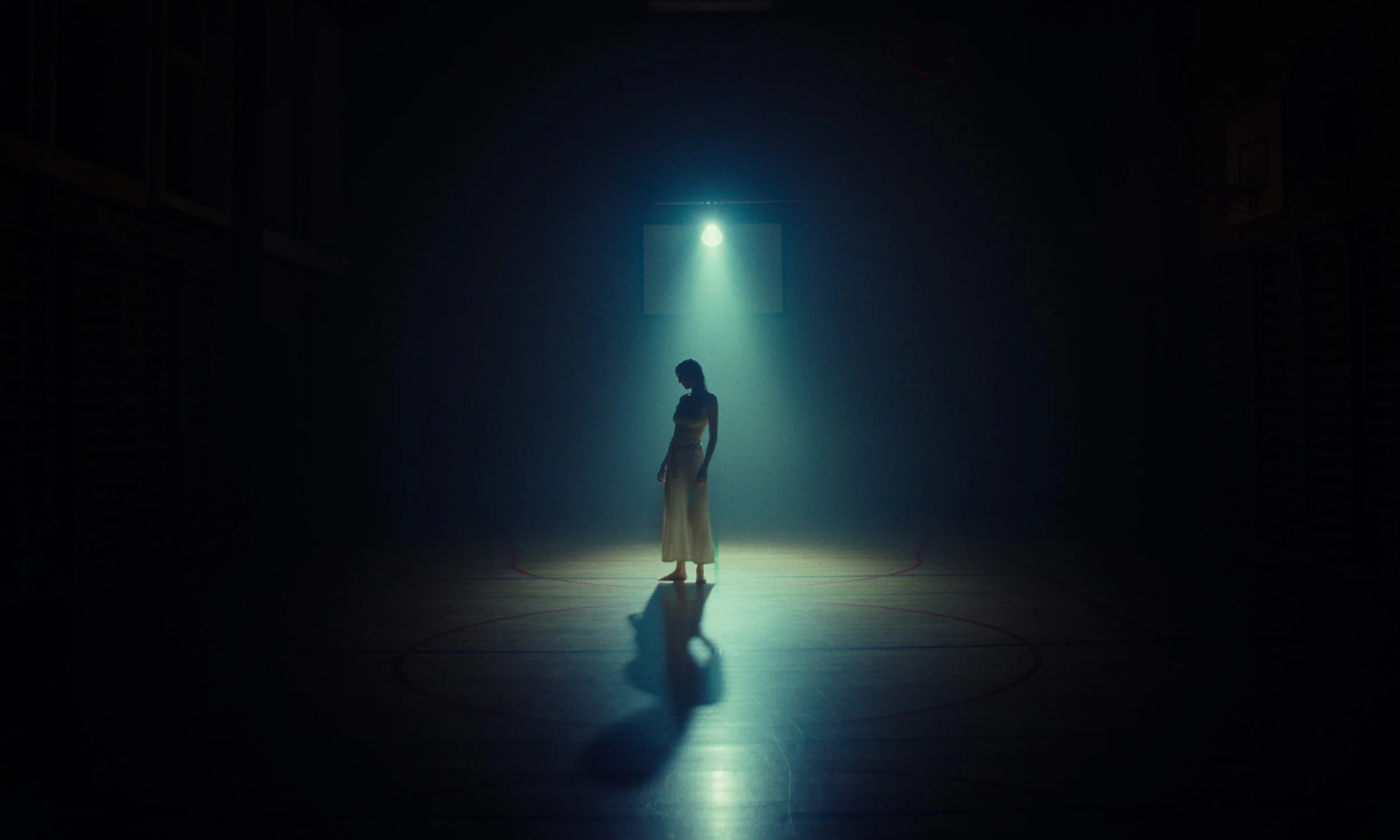A silhouette of a woman standing alone in a dimly lit gymnasium, illuminated by a single overhead spotlight.
