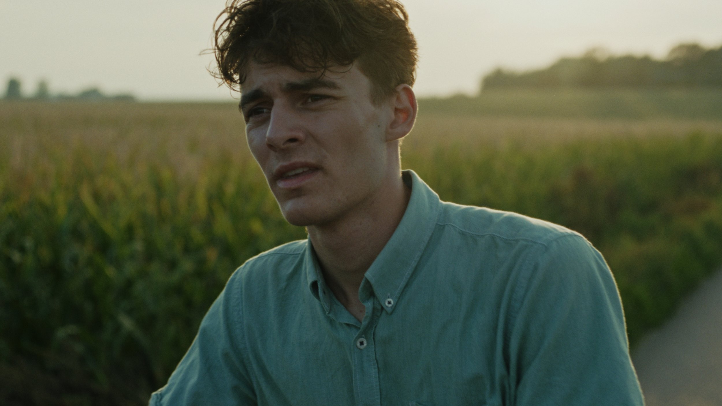 A young man in a green button-up shirt looks distressed, standing in a field at sunset.
