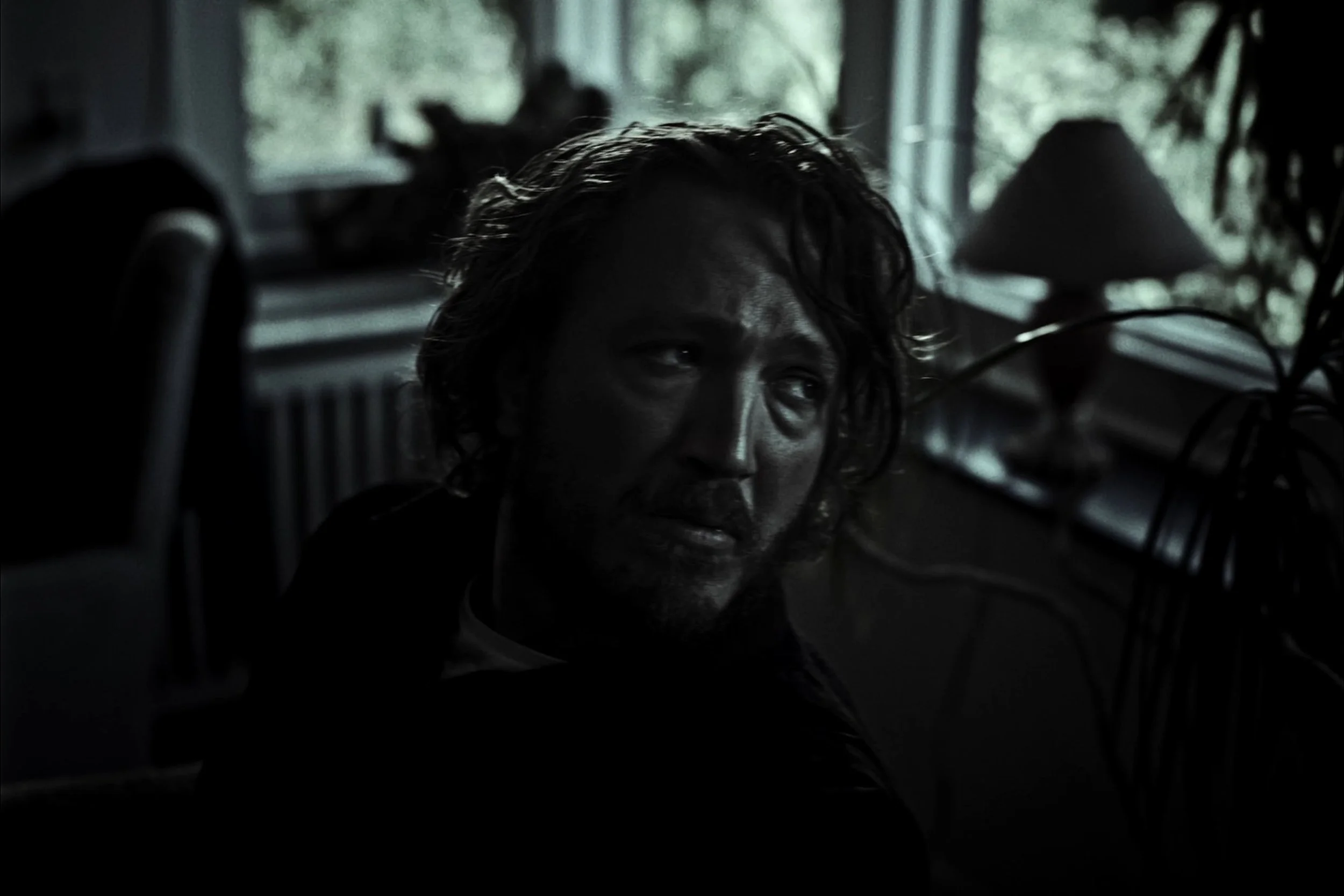 A person with disheveled hair and a serious expression in a dimly lit room, with a window and a table lamp in the background.