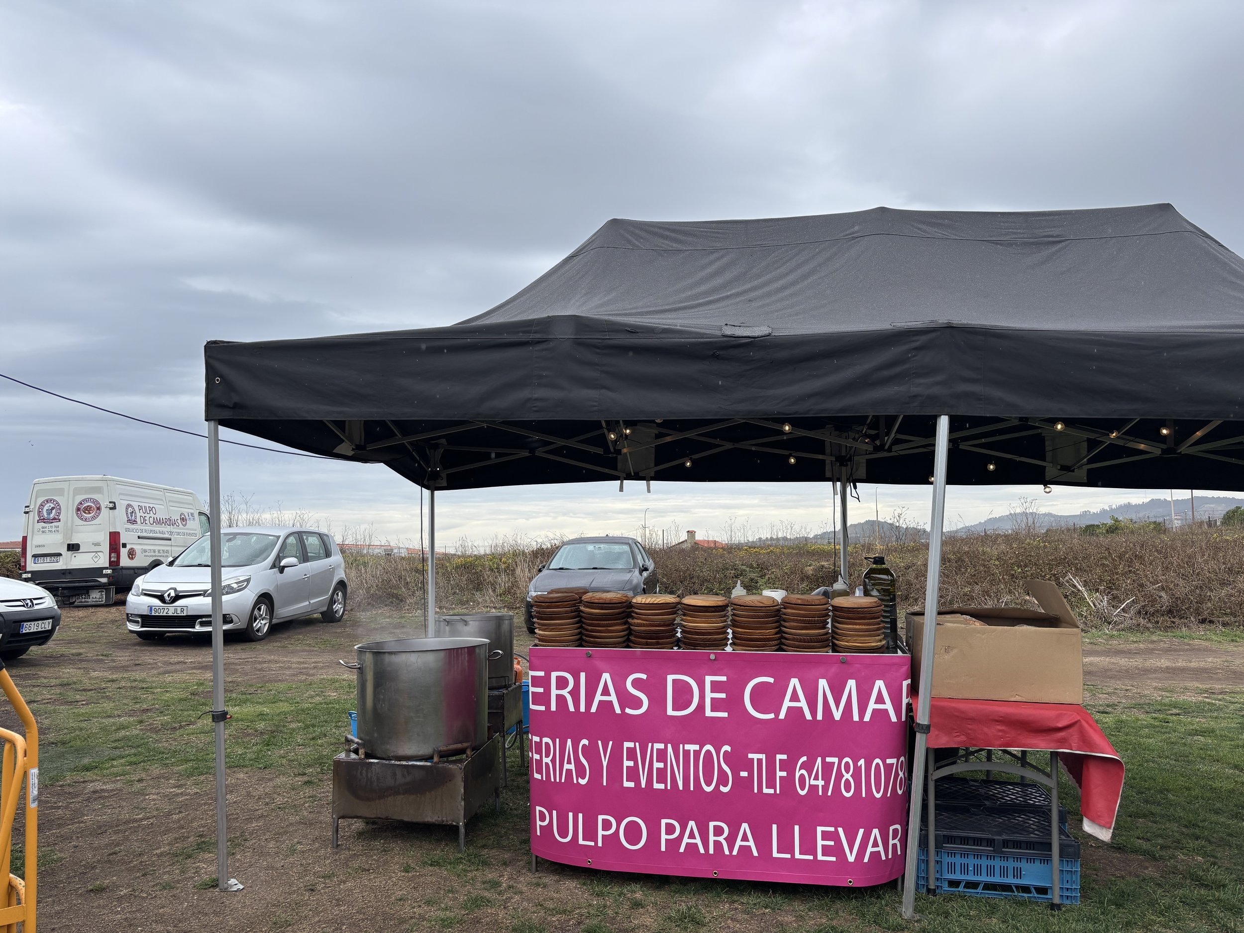 Carpa de venta de platos de pulpo en un evento al aire libre, con pilas de platos en la mesa y un cartel rosa que dice 'Pulpo para llevar', con varios vehículos al fondo y un cielo nublado.