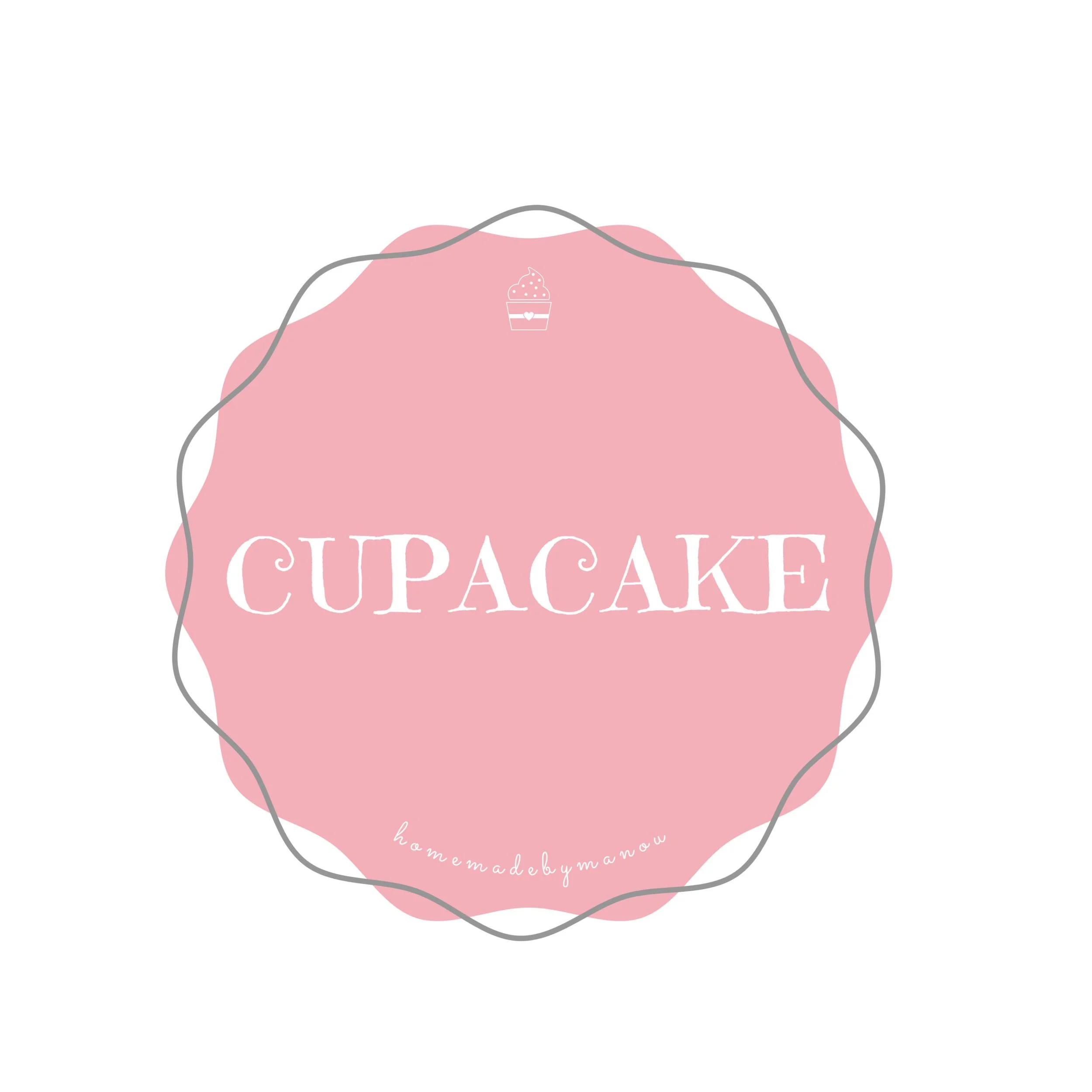 Pink circular label with scalloped edge design and white text that says 'CUPCAKE'. Small cupcake icon at the top and the phrase 'homemade by manu' at the bottom.