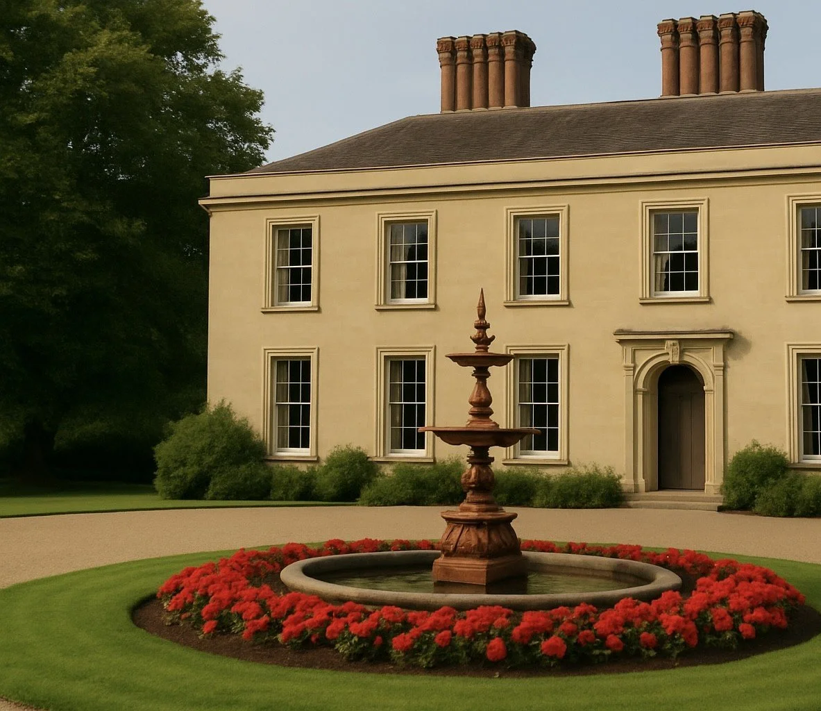 A beige multi-story house with six large windows, three on each floor, and a main entrance with an arched doorway. In front of the house, there is a circular flower bed with red flowers surrounding a tiered water fountain. The house is surrounded by
