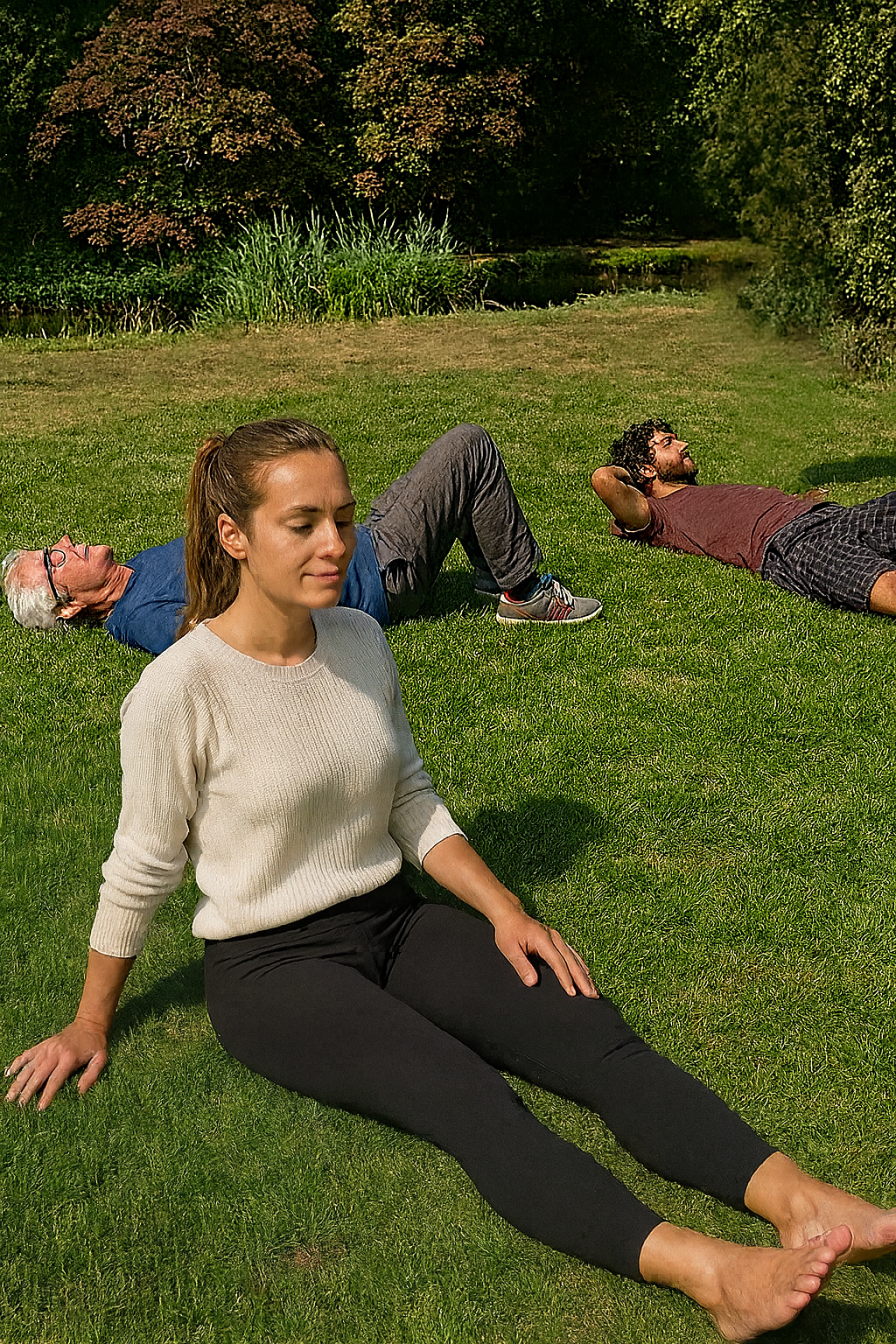 Three people practicing yoga outdoors on a grassy field near a pond, with trees and bushes in the background. One woman in the foreground is sitting with her legs extended and eyes closed, while two men behind her are lying on their backs, one restin