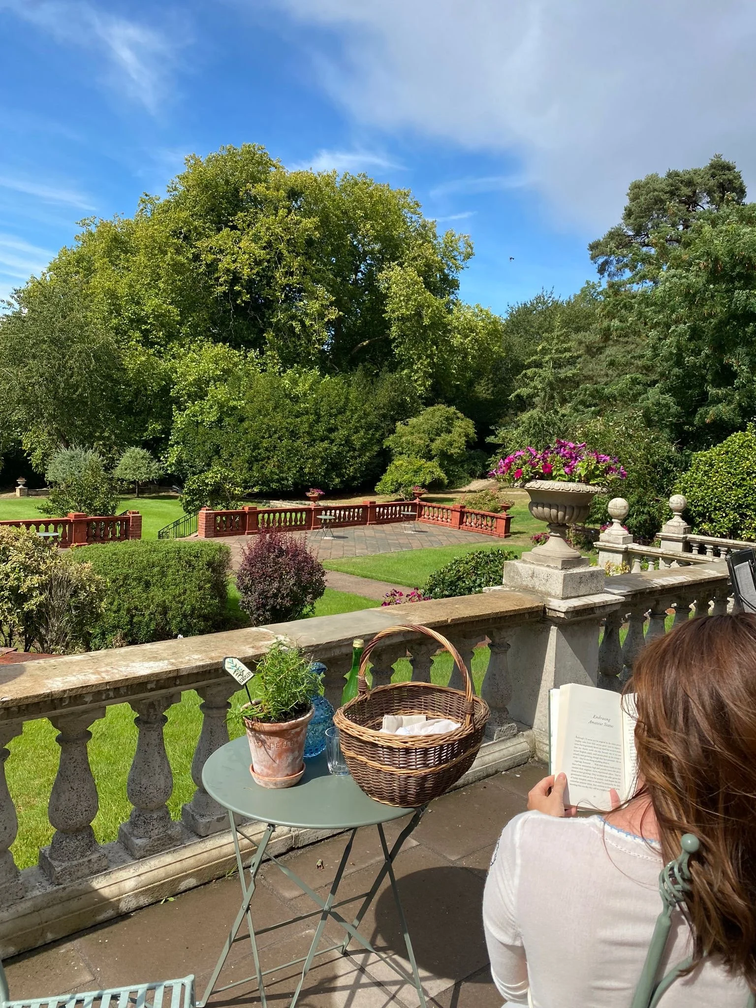 A woman with brown hair reading a book on a patio with a stone railing, overlooking a lush garden with various trees, bushes, and purple flowers. A small table with potted plants and a basket is beside her.