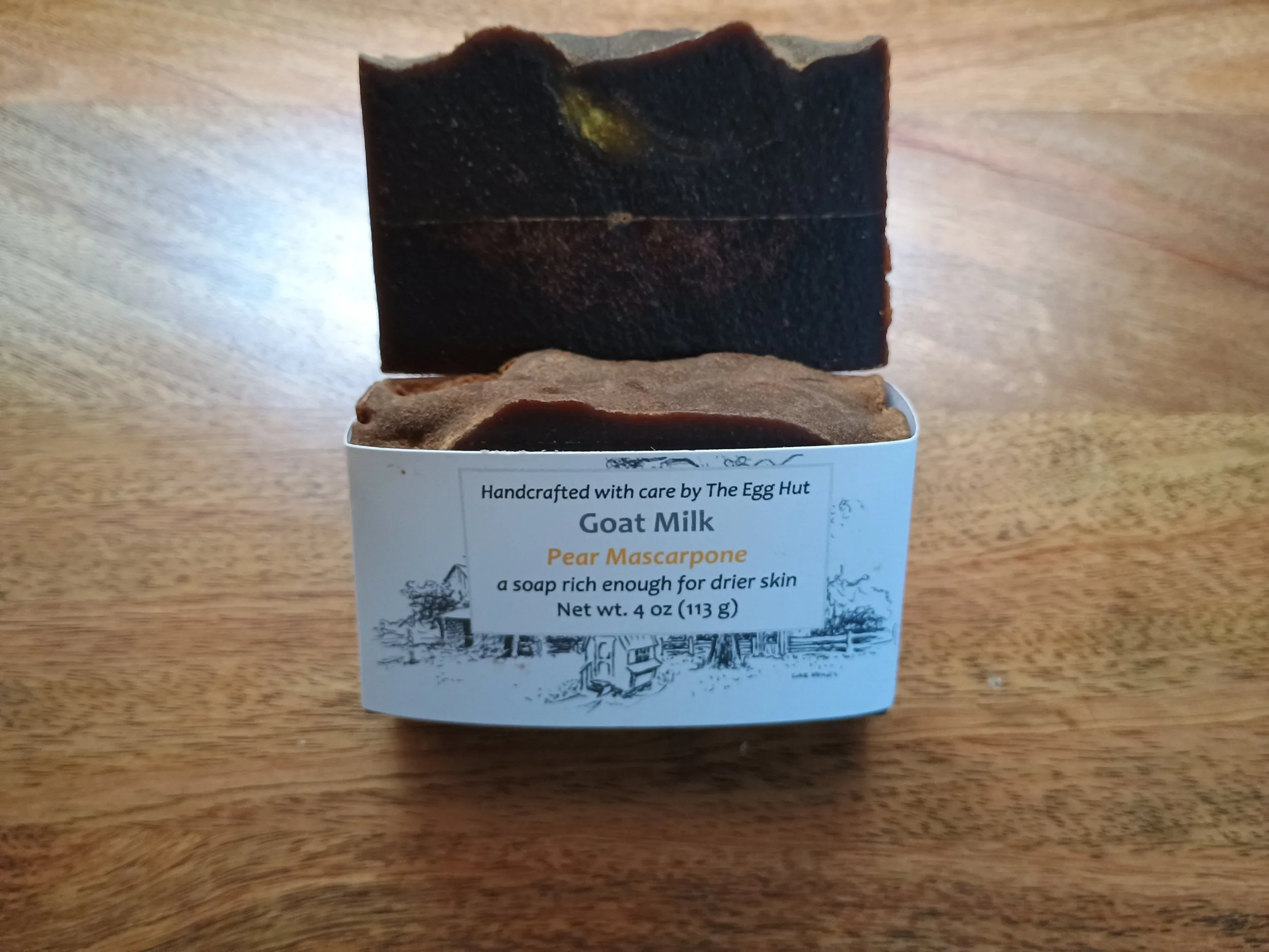 Pear Mascarpone soap package with dark brown bar and yellow pencil line