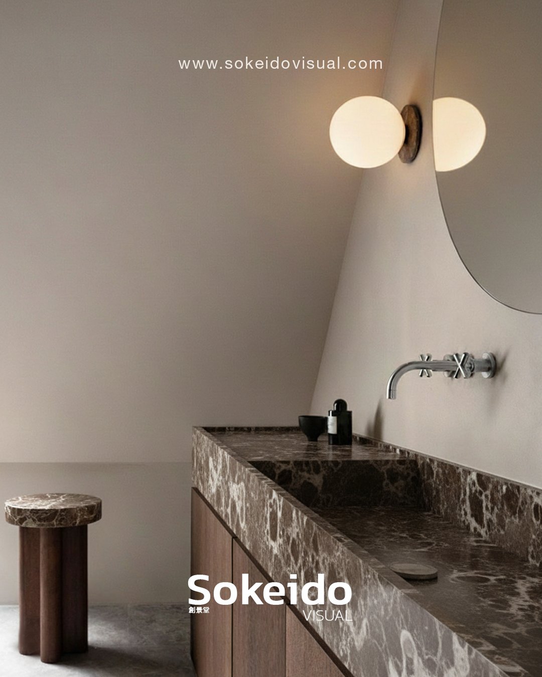 baño escandinavo realista realizado en 3d con acabados en piedra natural y madera de nogal, con ferias cromo e iluminacion de lujo