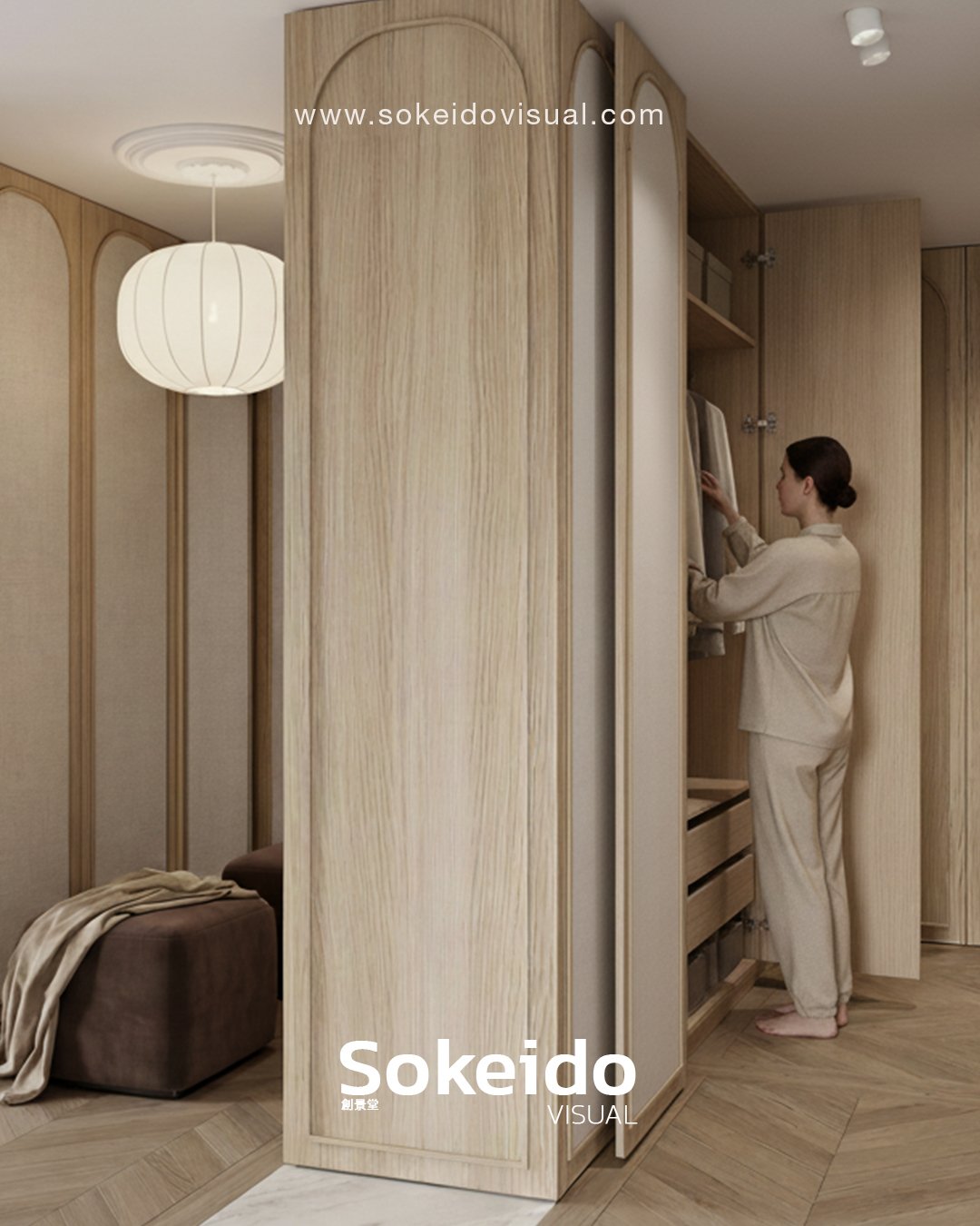 diseño vestidor de lujo, con ropa y complementos hiperrealista, renderizado en alta calidad 4k, puertas de madera de roble enteladas y con molduras curvas