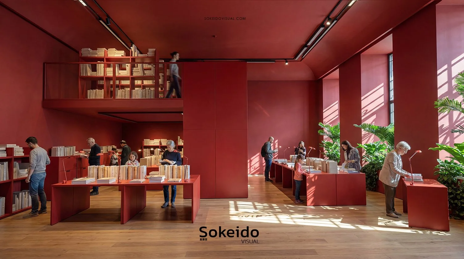 Biblioteca realista realizada en 3d de alta calidad en color rojo lleno de gente leyendo y libros y personas de todas las edades. una visualizacion de calidad