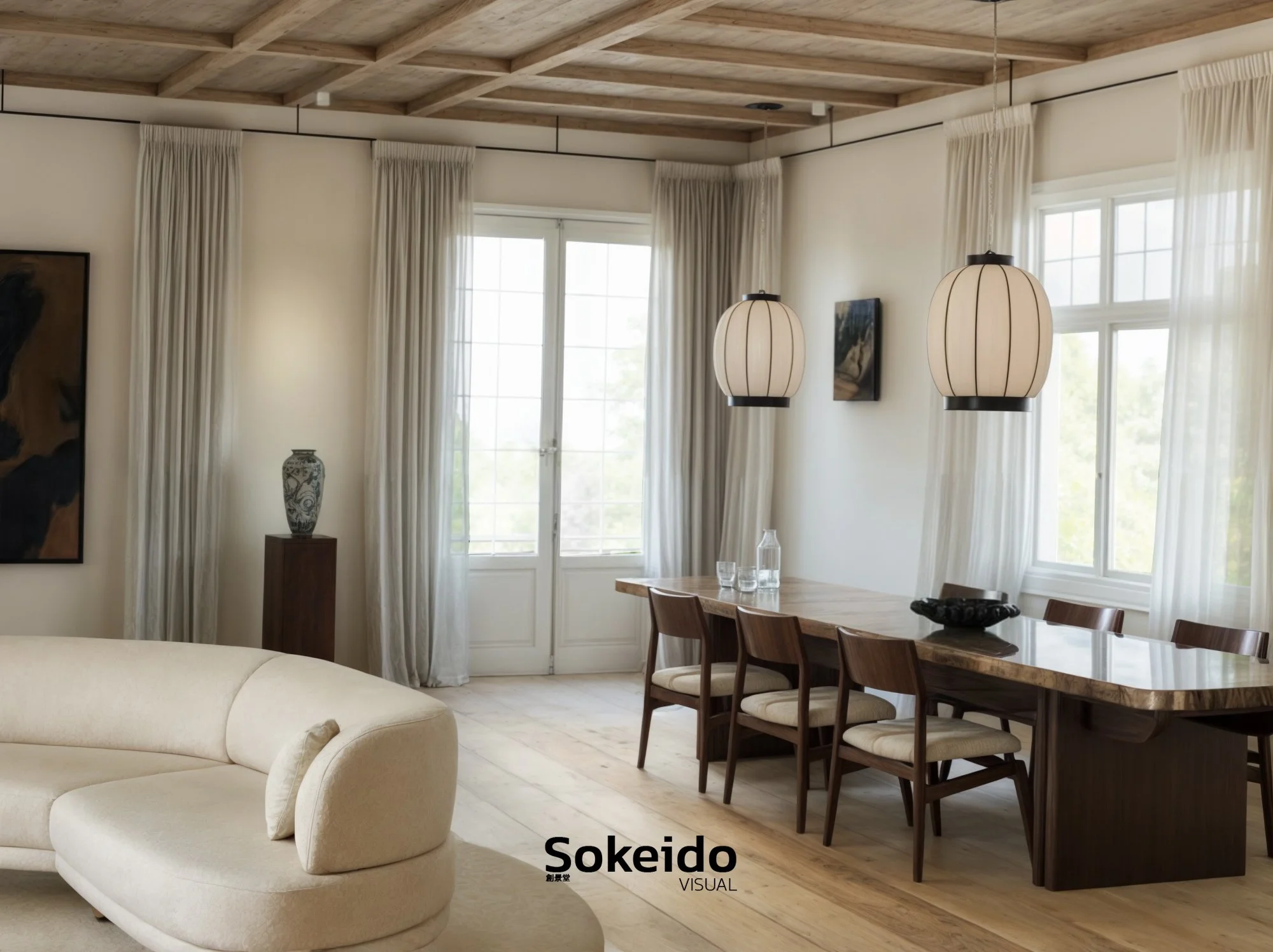 comedor realista con marmol, madera lamparas de papel de diseño de lujo, alto nivel