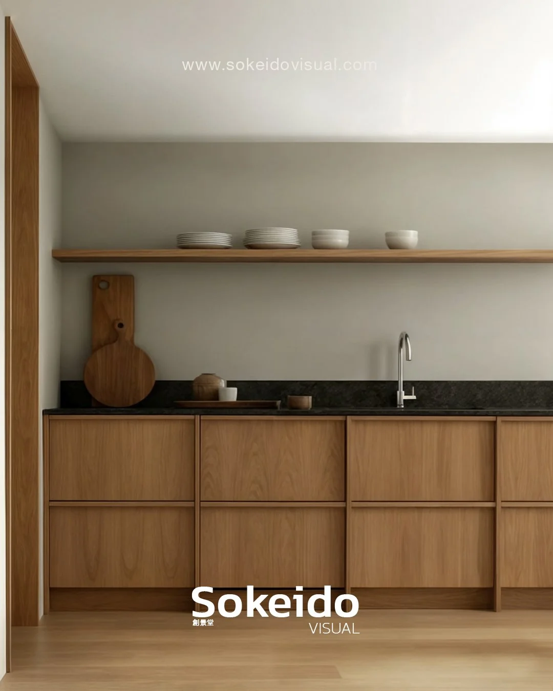 diseño cocina escandinava hecha en 3d realista, con acabados en madera de roble clara