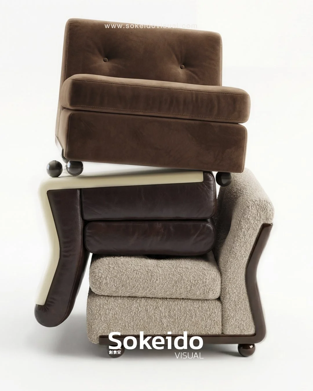 imagen de 3 diseños de la butaca amanta modular de mario bellini,en acabo en cuero y tejidos de algodon