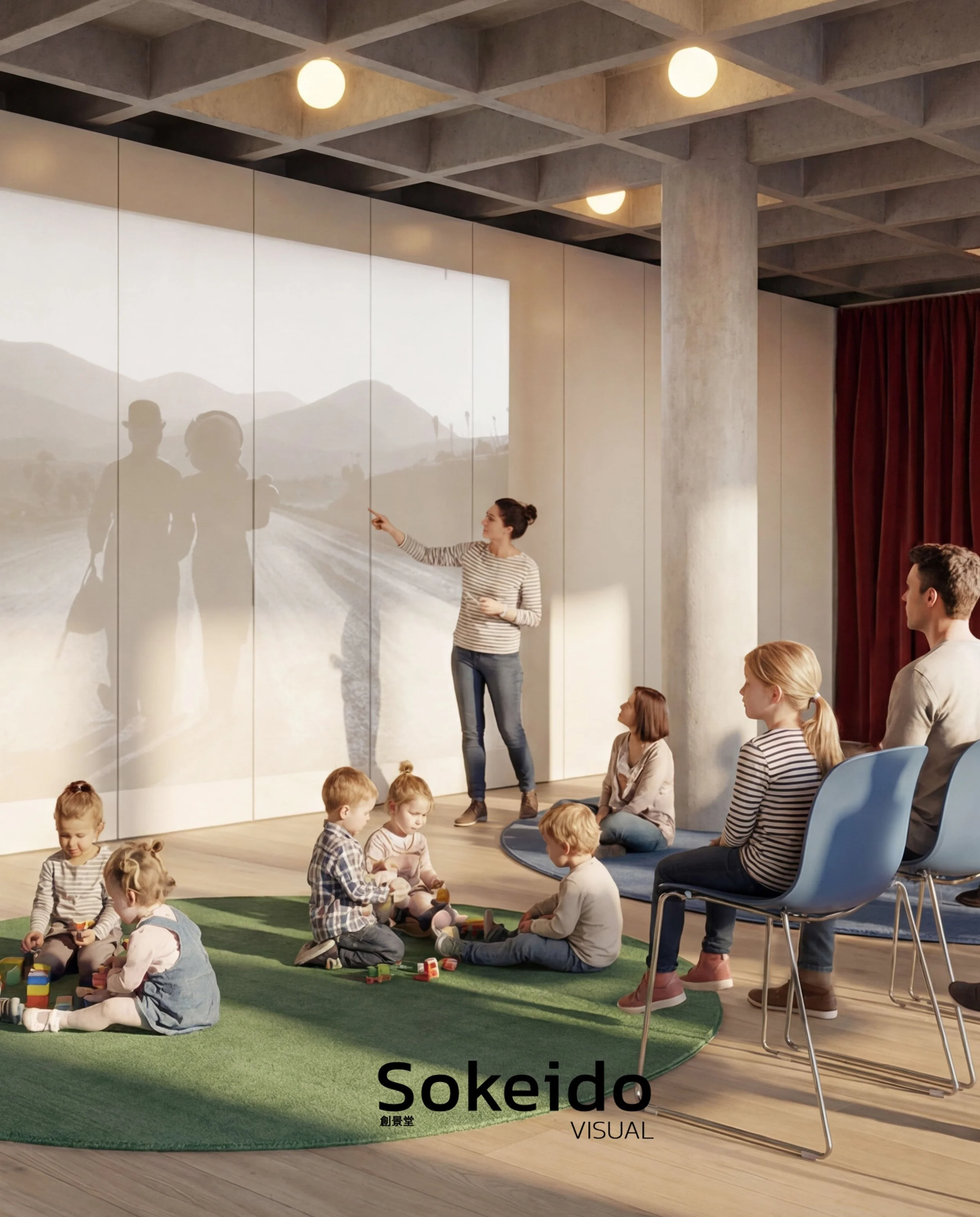 visualizacion hiperrealista de una sala de exposiciones con unos niños y adultos sentados en sillas esuchando hablar a la profesora o experto. todo en una sala de suelo de madera de roble claro y cortina