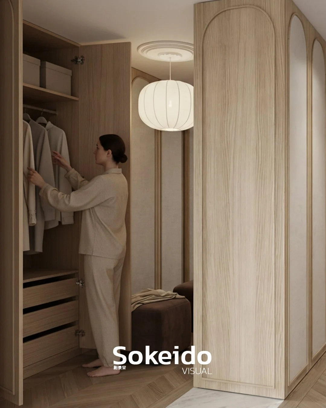 diseño vestidor de lujo, con ropa y complementos hiperrealista, renderizado en alta calidad 4k, puertas de madera de roble enteladas y con molduras curvas