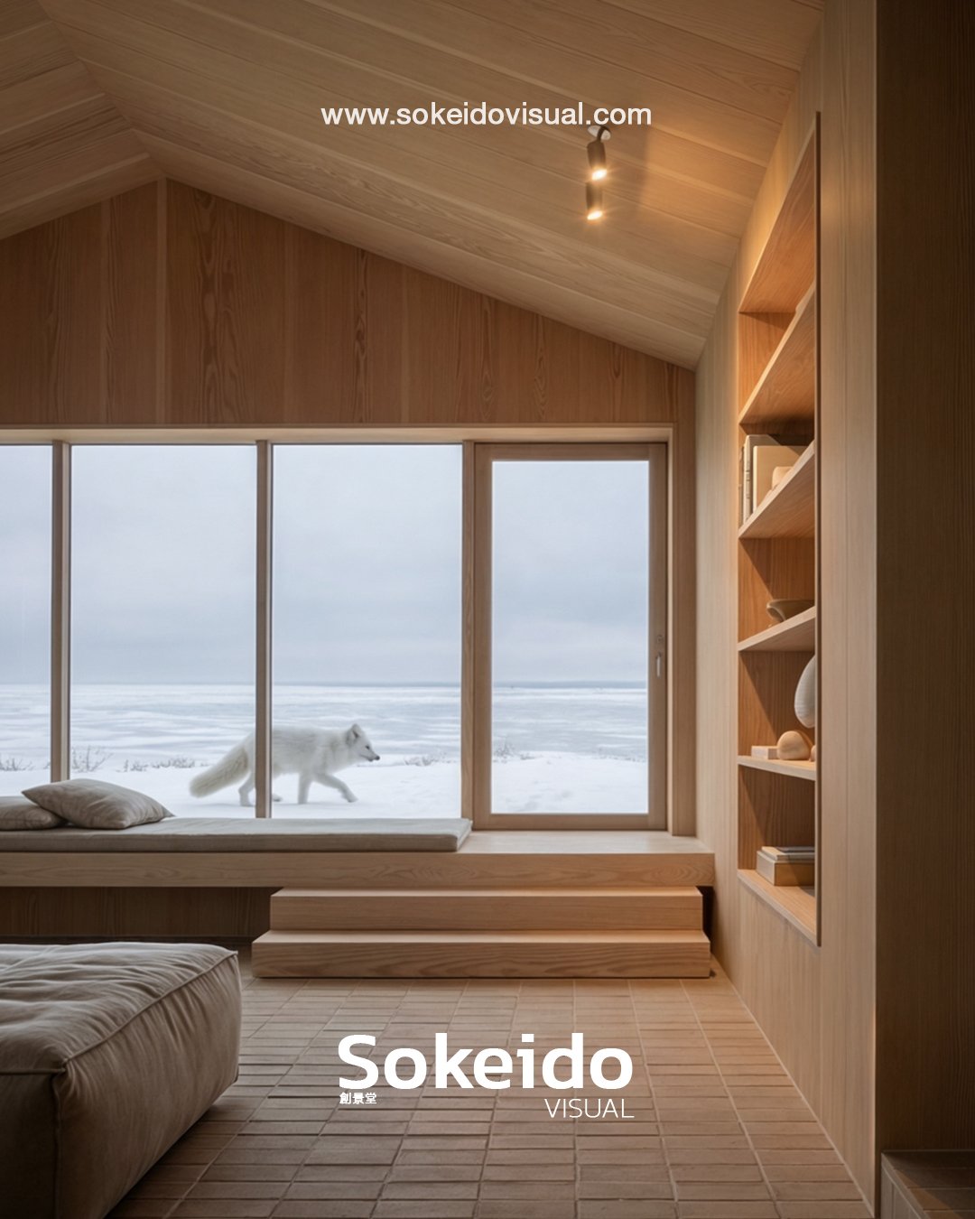 interior 3D realista escandinavo creado con madera natural de pino y ambiente acogedor, con tejido natural y suelos de barro color terracota más una estantería llena de libros, con vistas a un paisaje invernal con un zorro blanco de fondo hiperrealis