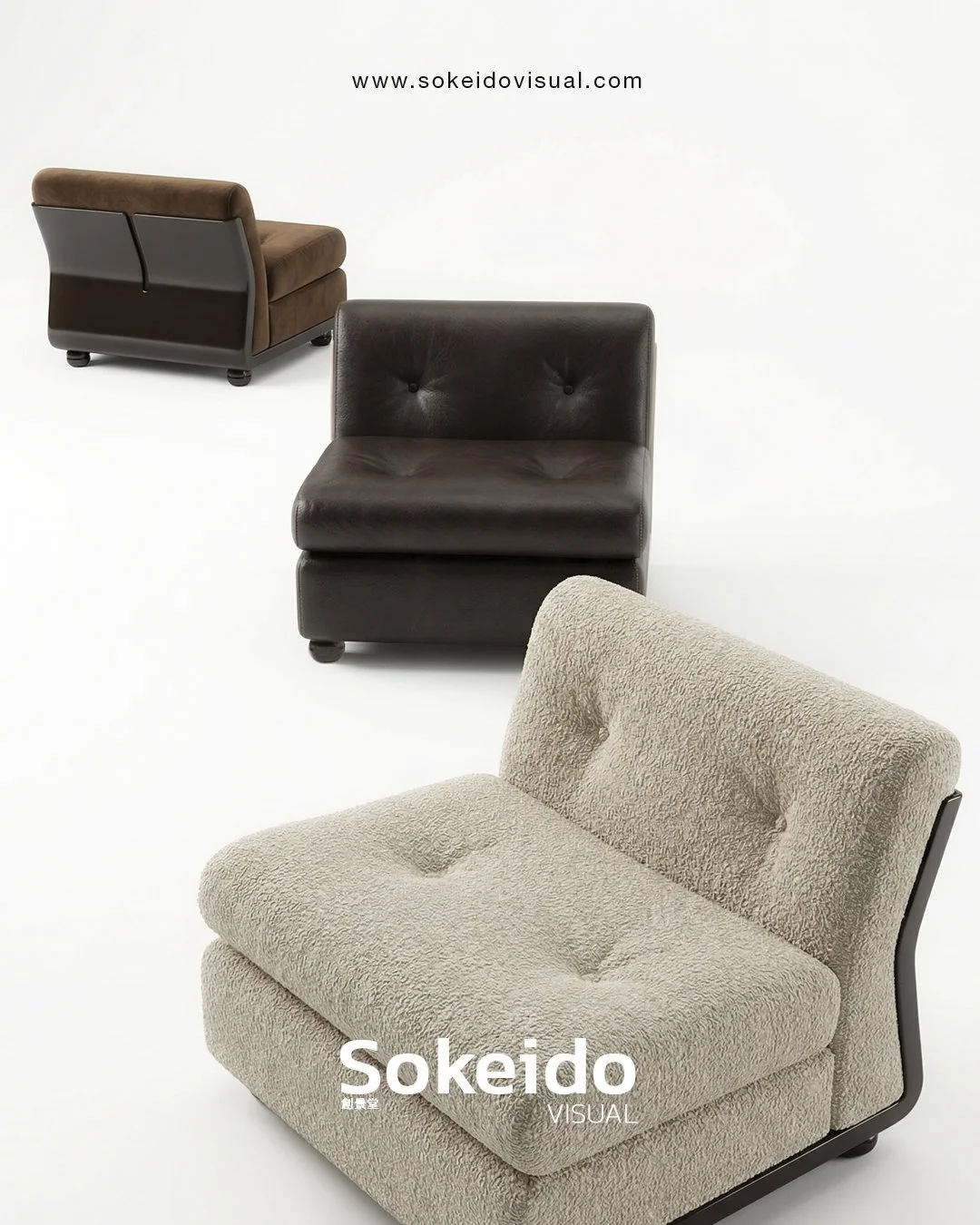 desiño de mobiliario de alta definicion 8k amanta mario bellini armchair, con tres acabados en cuero, bouvle y velvet. visual 3d de alta definicion