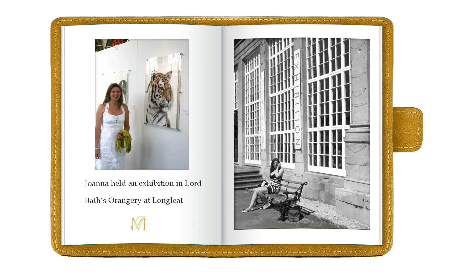 Open scrapbook with a color photo of a woman in a white dress standing next to an art piece of a tiger, and a black-and-white photo of a woman sitting on a bench outside a building with large windows and the word "EXHIBITION" on the wall.