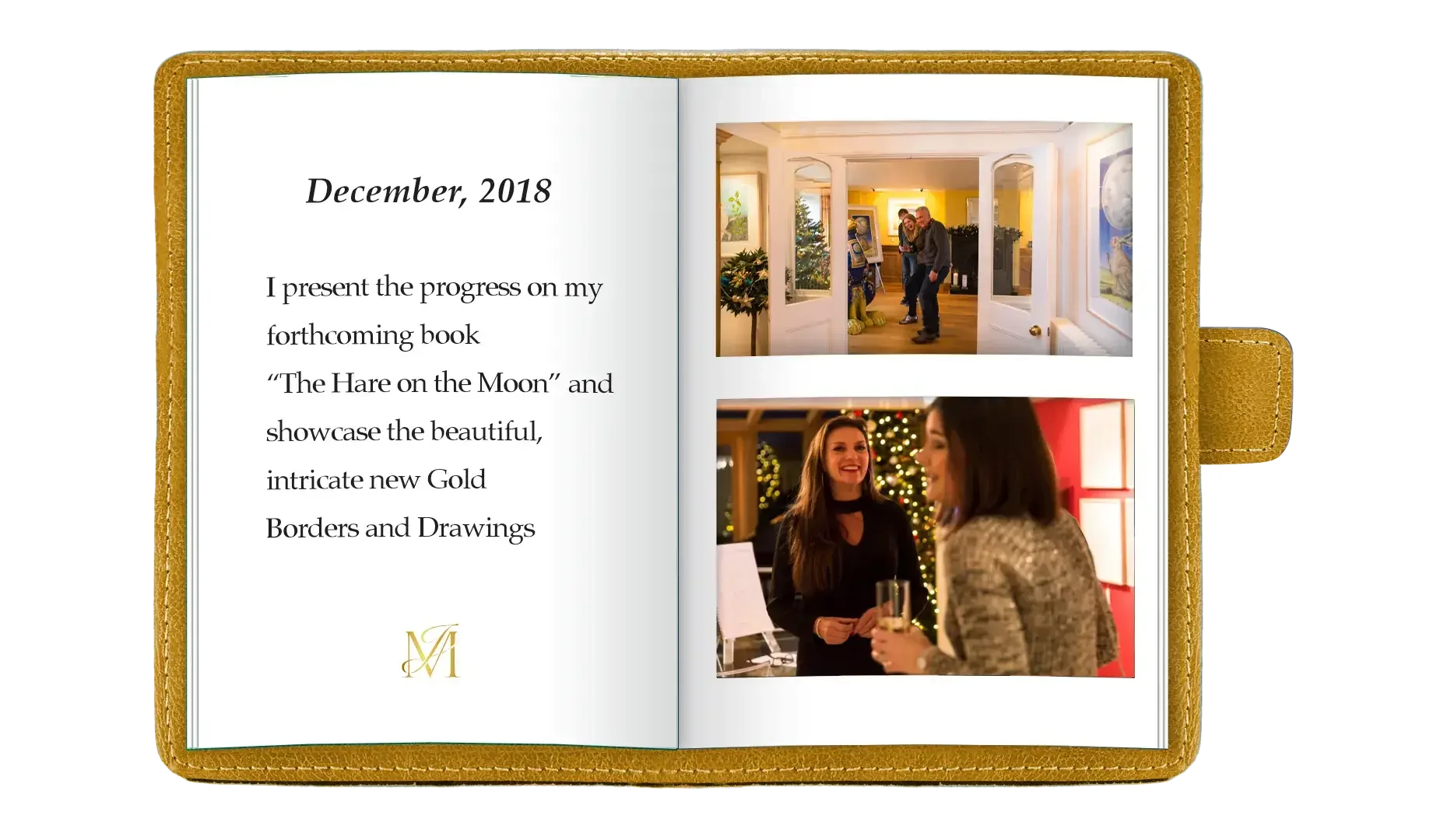 Open photo album with a page displaying December 2018, a message about showcasing a new book titled 'The Hare on the Moon' and two photos of a holiday gathering, one with people inside a home near a Christmas tree and another with two women talking a