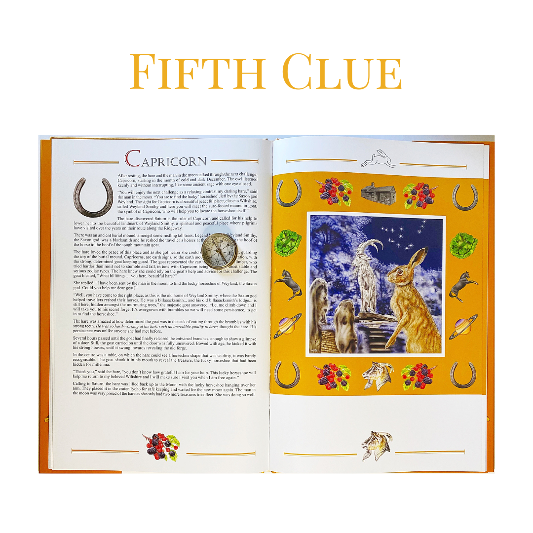Open book about the zodiac sign Capricorn with themed illustrations around the edges, including horseshoes, grapes, a goat, a horse, and a starry sky with a goat figure.