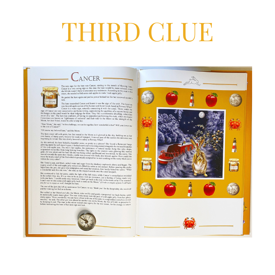 Open book with a page on cancer and the other page decorated with holiday-themed stickers, including apples, lobsters, moons, lighthouses, a jar, a rabbit, and a winter scene with a rabbit, a train, and snow-covered trees.