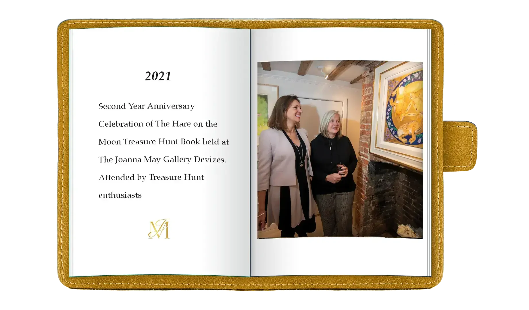 Open photo album displaying a page with event details on the left and a picture of two women viewing artwork in a gallery on the right.