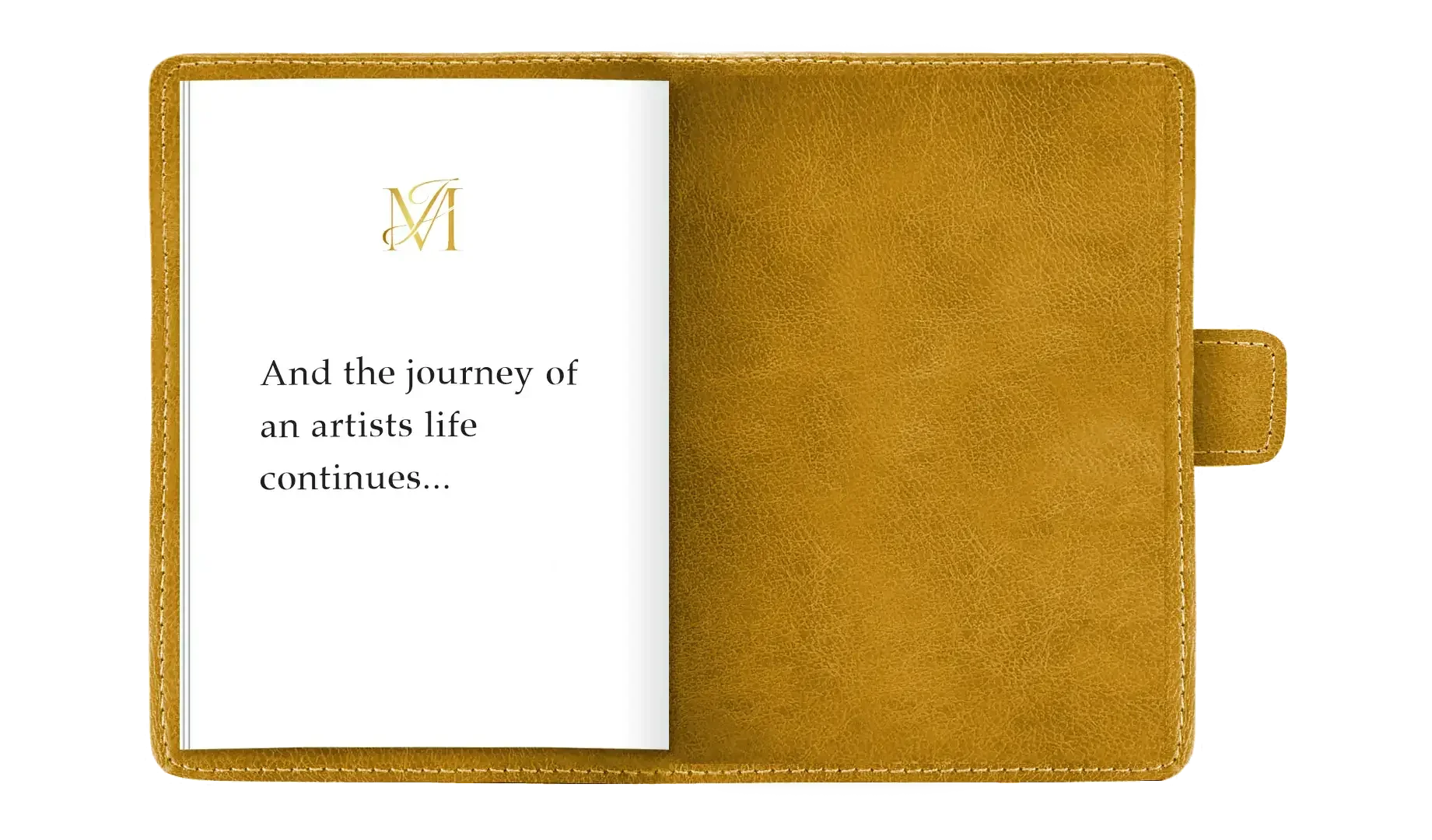 Open tan leather planner with a white page displaying a gold monogram and black text that reads, "And the journey of an artist's life continues..."
