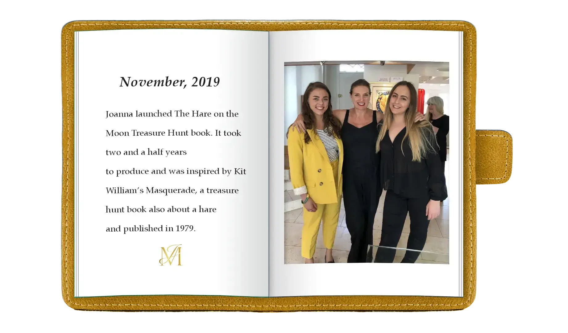 Open book with text on the left page and a photo of three women standing together on the right page, inside a room with people in the background.