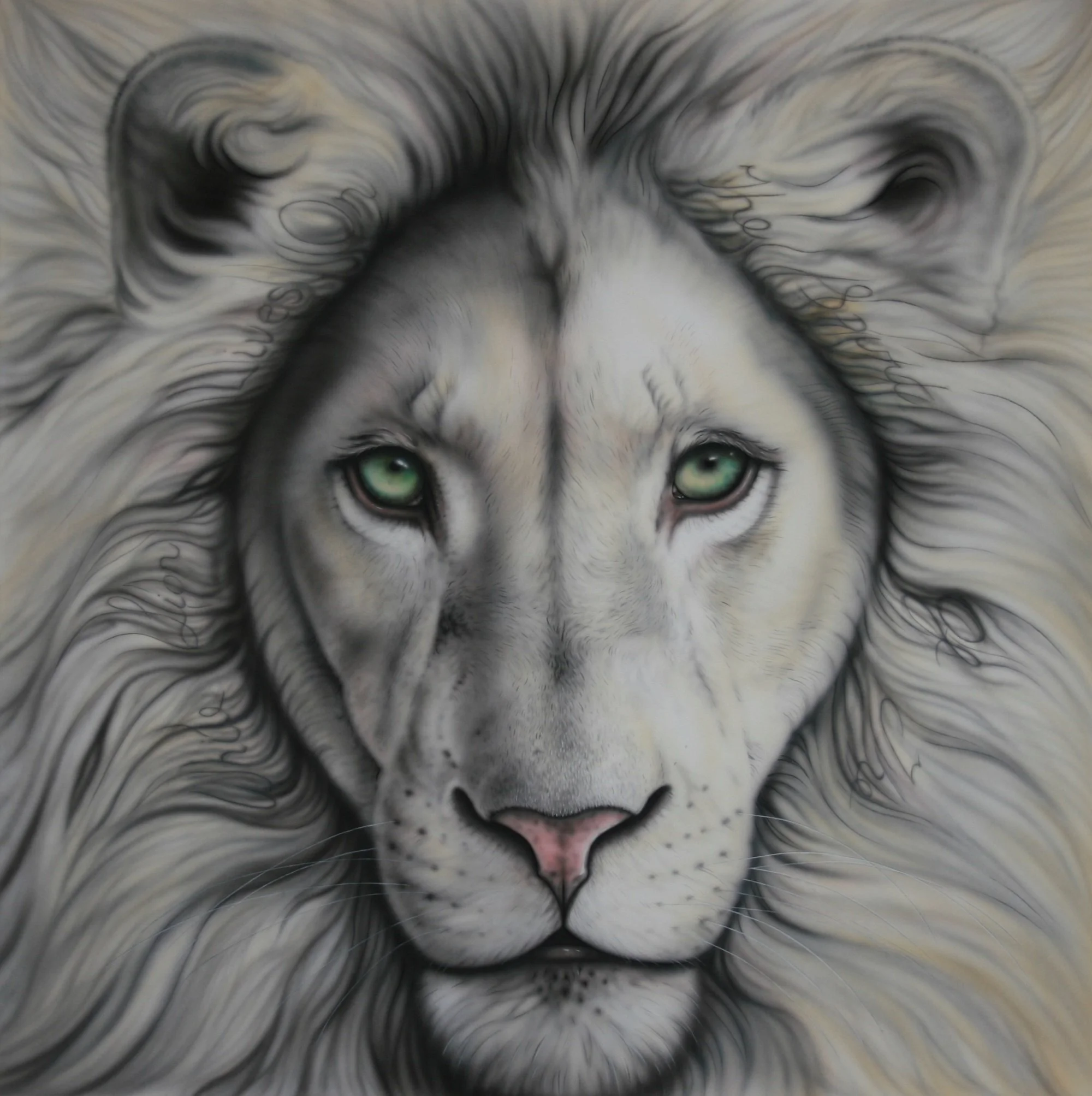 A detailed painting of a white lion with piercing green eyes surrounded by a flowing mane.