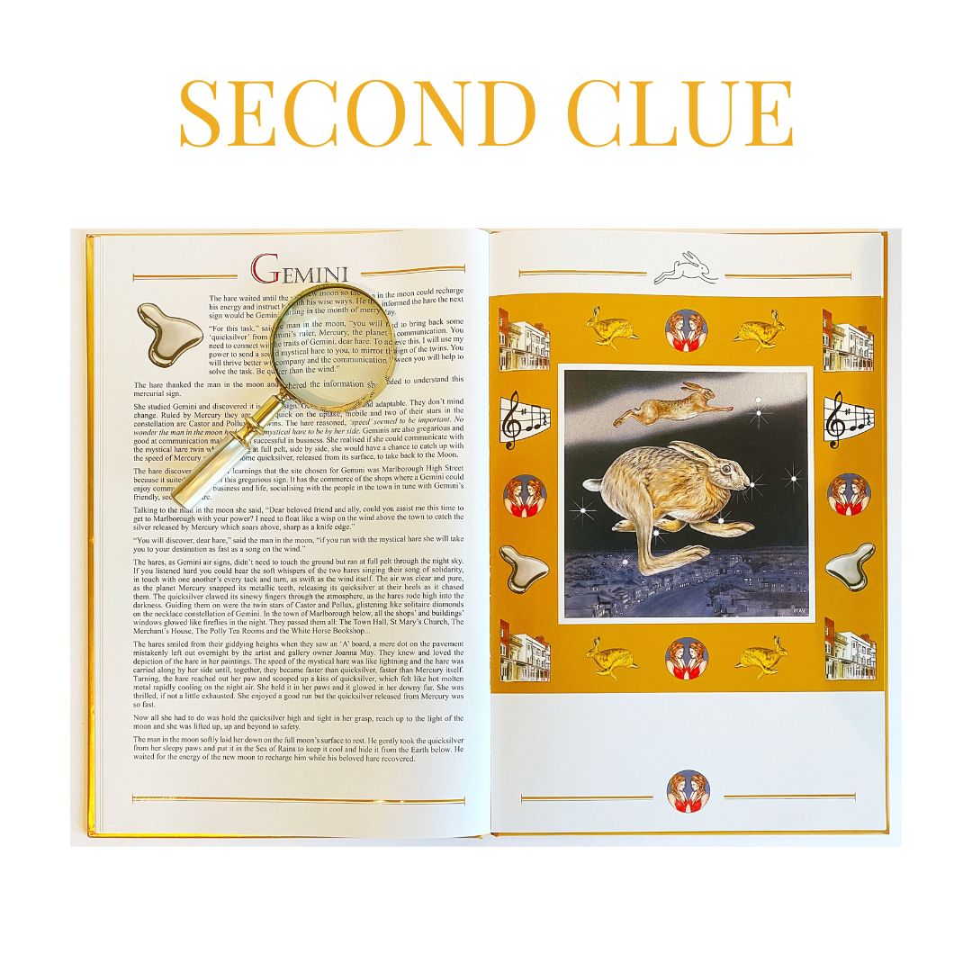 Open book with a paragraph titled 'Gemini' on the left page and a decorative border with various illustrations of animals, buildings, and musical notes surrounding a photo of a rabbit on the right page, under the heading 'Second Clue'.