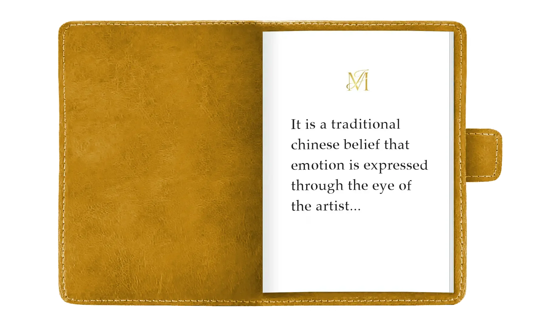 Open tan leather wallet with a white card inside containing black text about traditional Chinese belief and an elegant gold monogram at the top.