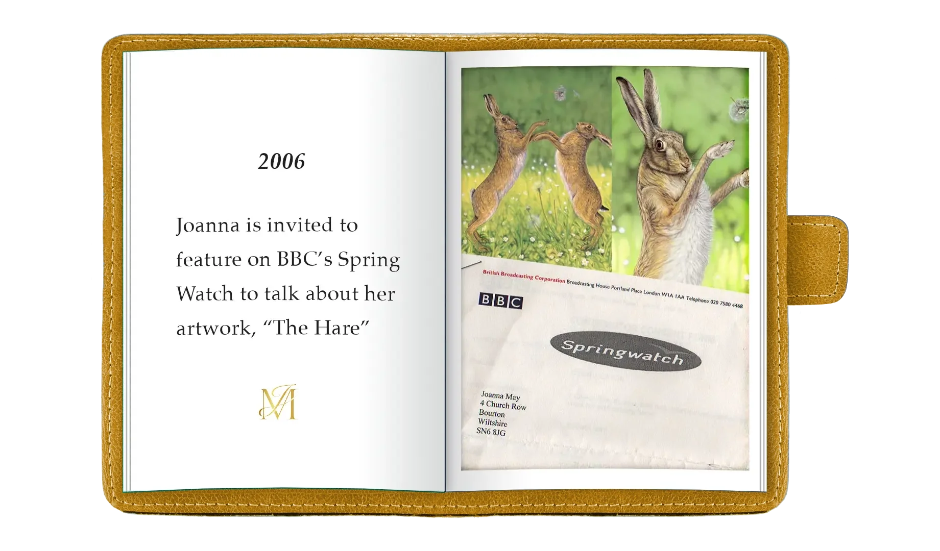 Open book with a page of text on the left and a picture of a hare on the right. The text mentions Joanna being invited on BBC's Spring Watch in 2006 to talk about her artwork, 'The Hare'.