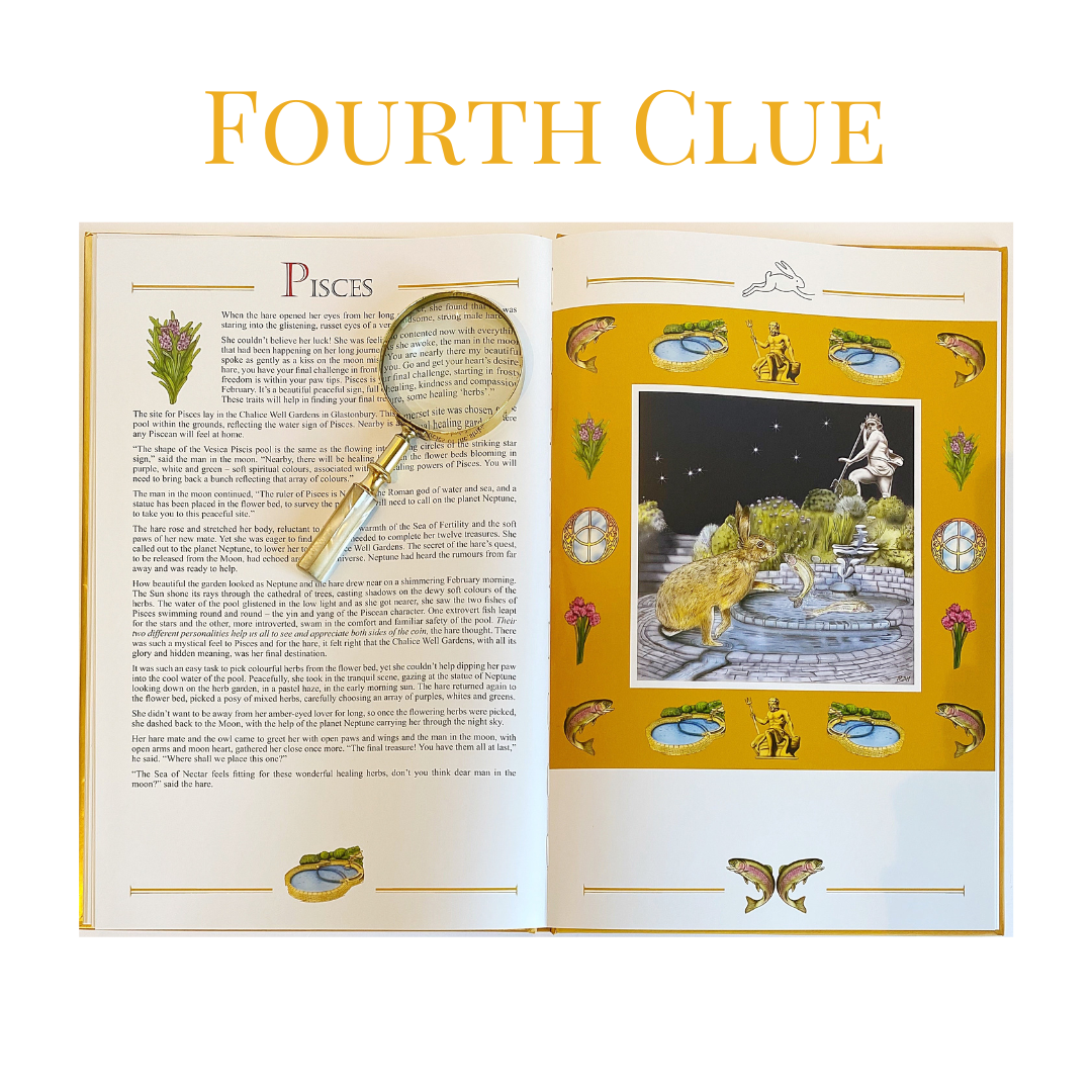 Open book titled 'Fourth Clue' with a section about Pisces on the left and a colorful illustration of a fountain with a rat-shaped figure, surrounding flowers, fish, and mythical creatures on the right.