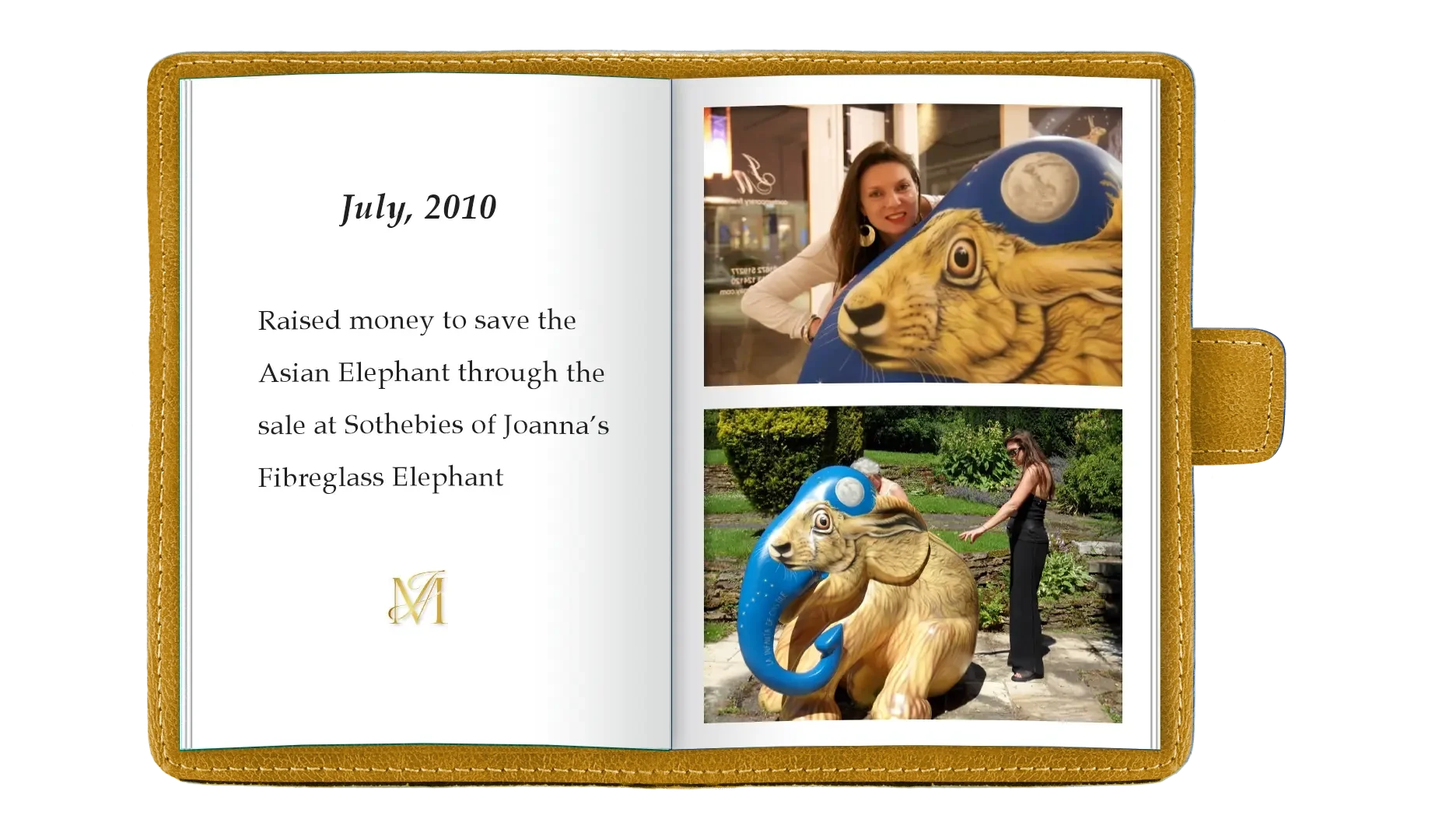 Open scrapbook with text about raising money for an Asian Elephant and photos of a woman with a tiger and elephant statues.