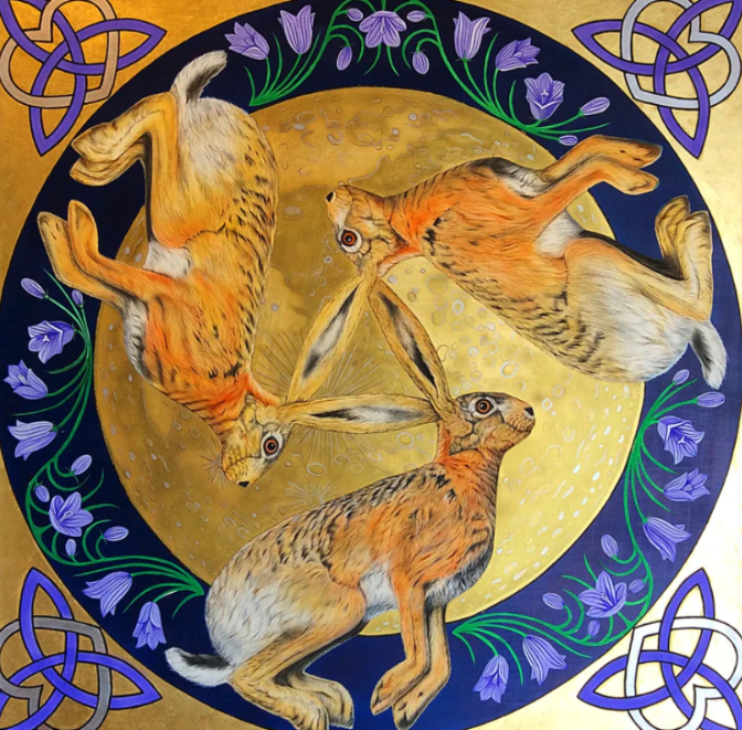 Four hares sitting in a circle around a large yellow moon, with a Celtic knot and purple flowers in the background.