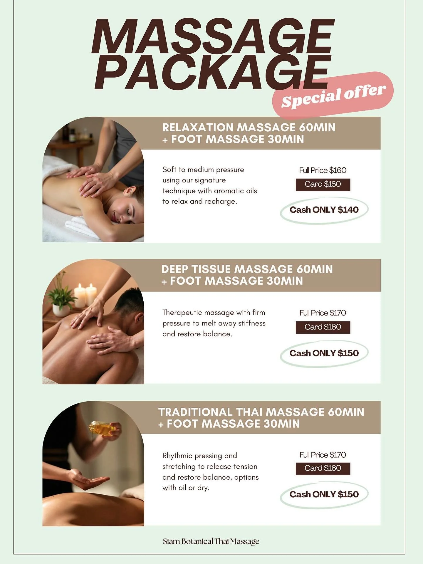 ✨ Healing Combo✨
Choose your favorite 60min massage + 30min foot massage at a special price! 

💵 Pay cash and enjoy it for the lowest price &ndash; from just $140!

Relax, recharge, and feel your best🌿
_____________________________________

📍 Leve