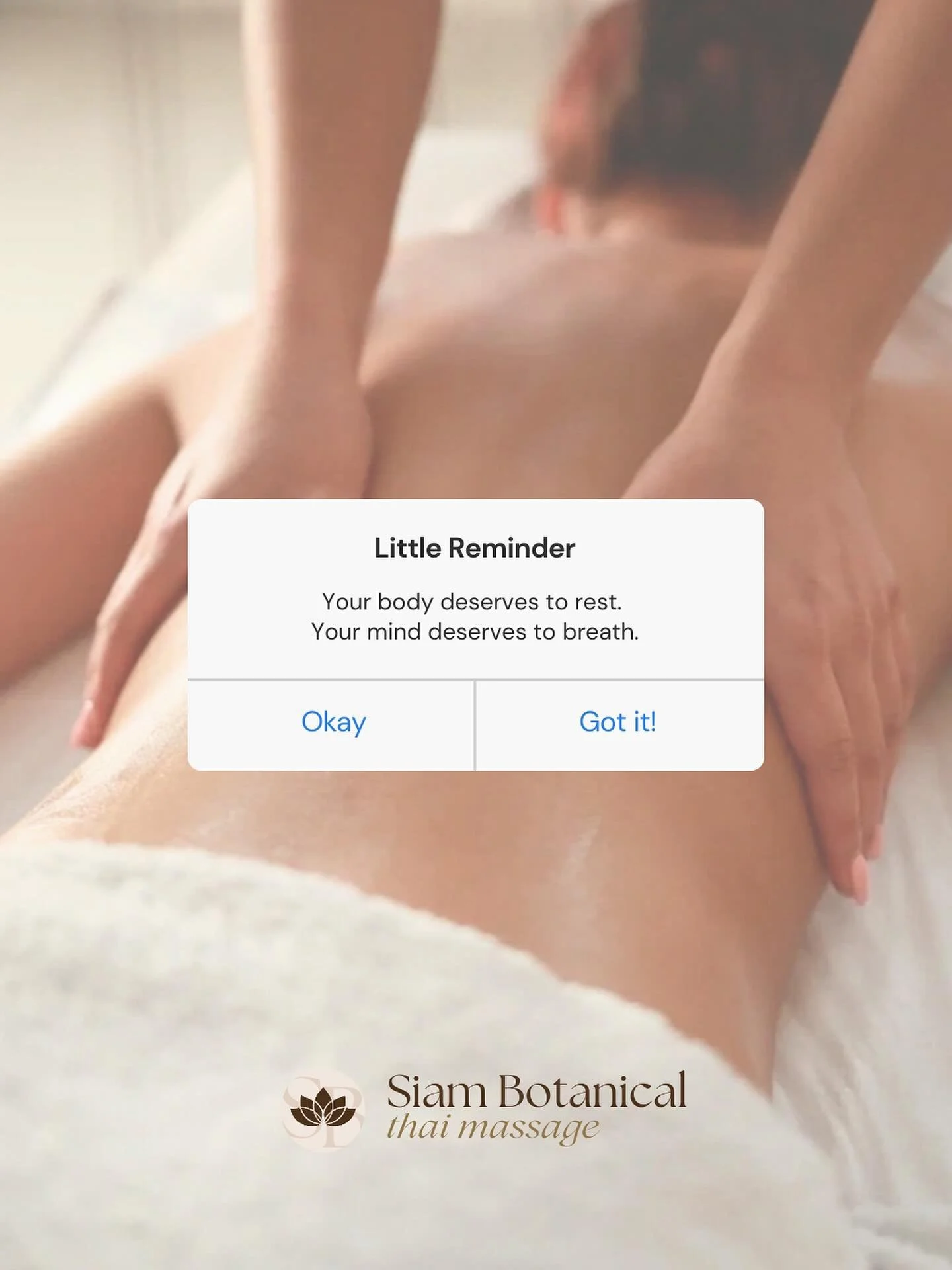 A little reminder: your body deserves rest, your mind deserves peace. Treat yourself today at Siam Botanical Thai Massage.

#thankyou #gratitude #customerappreciation #massagetherapy #relaxation #wellness #selfcare #spatherapy #treatyourself #massage