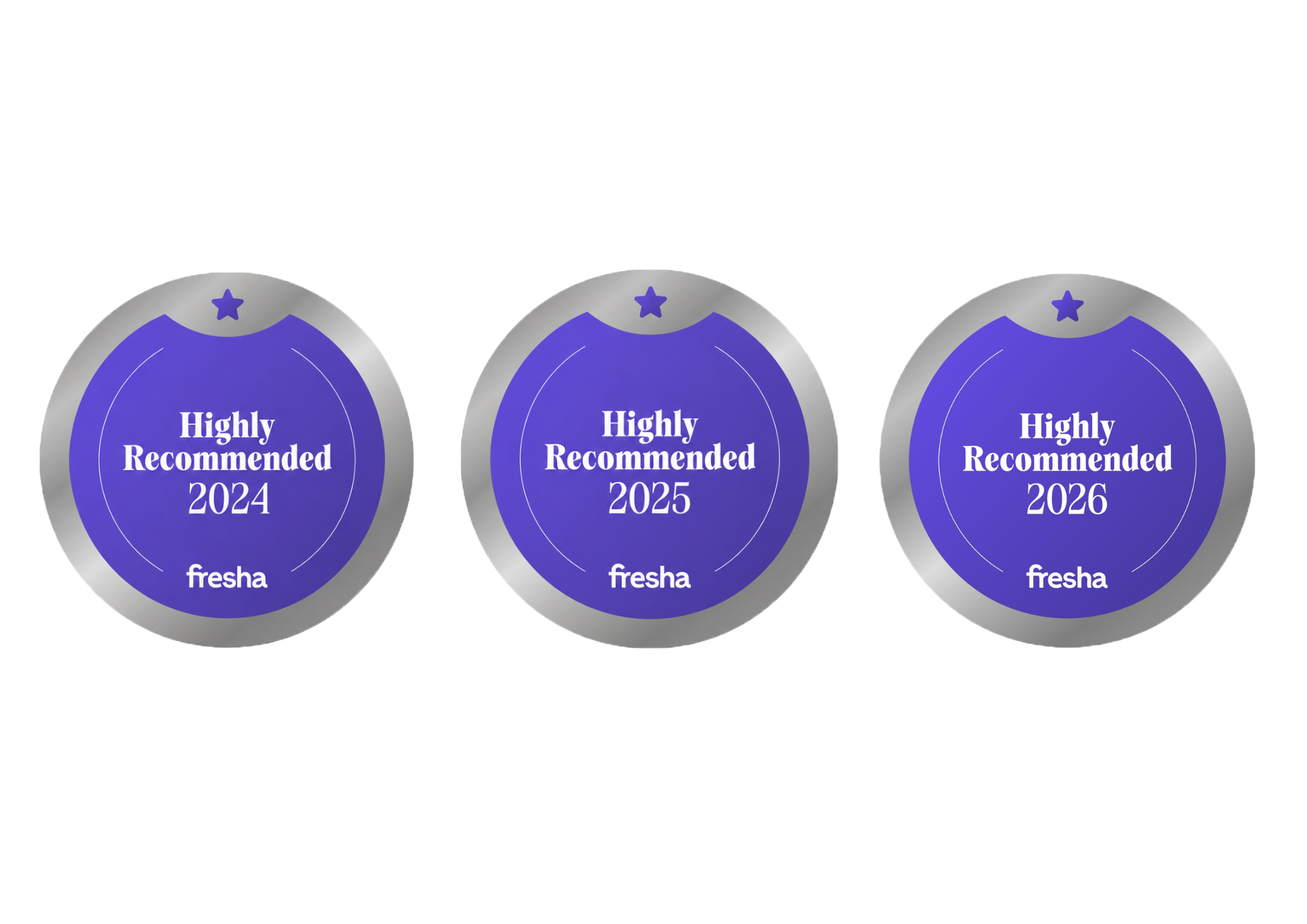 Three circular badges with blue and silver colors, each displaying 'Highly Recommended' and a different year: 2024, 2025, 2026, and the brand name 'fresha' at the bottom.