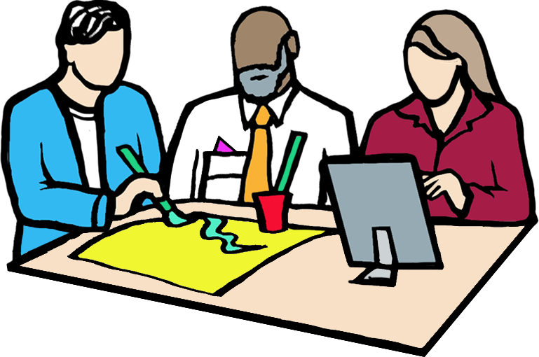 Three colleagues sitting at a table during a meeting, with one writing on a yellow paper, one wearing a face mask and using a computer, and the third looking at the screen.