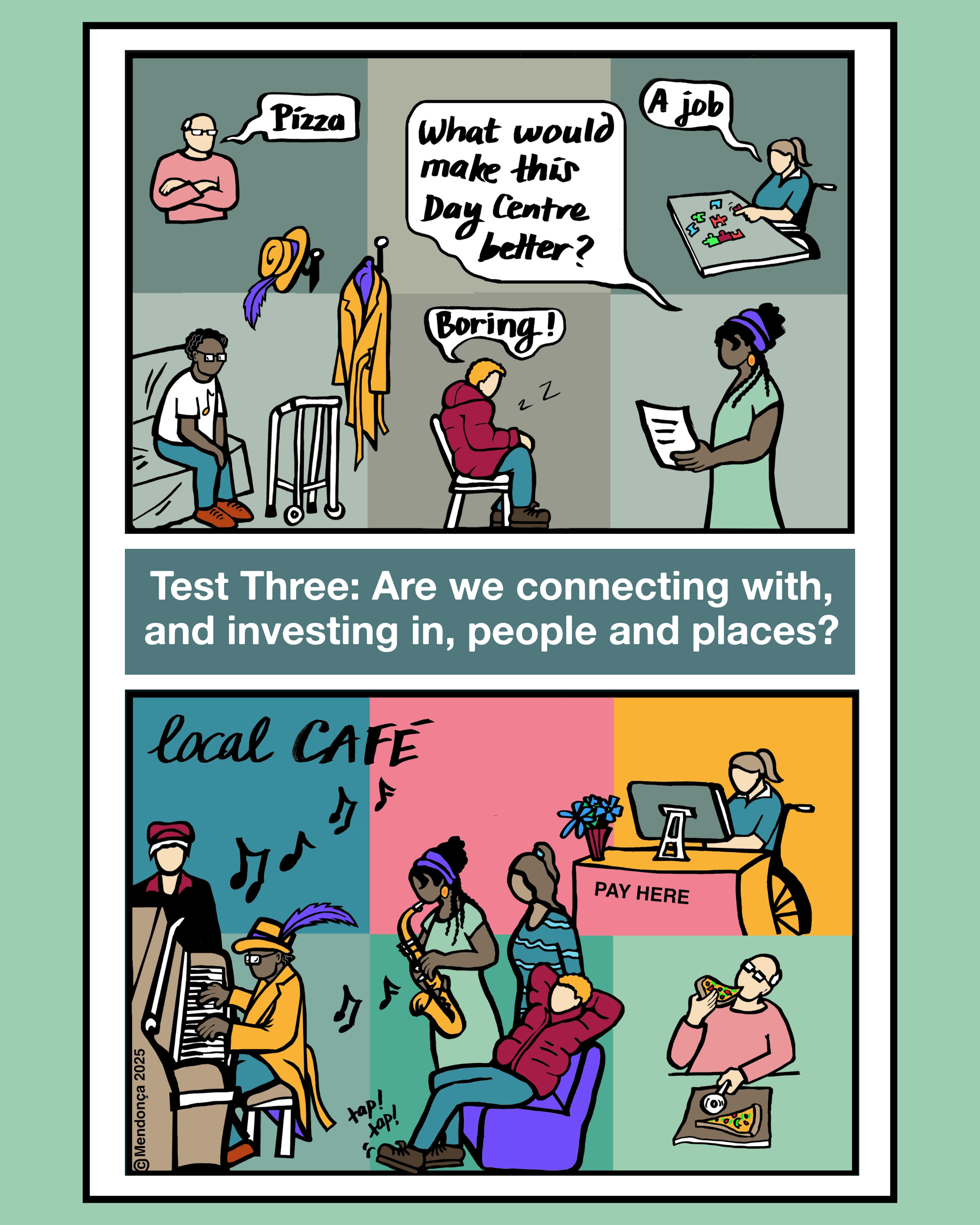 A comic with two panels showing community center activities. The first panel depicts people in a waiting room discussing how to improve the center, with one person thinking it’s boring. The second panel shows people at a local cafe enjoying music and food, with a counter labeled 'Pay Here' and a person at a computer station.