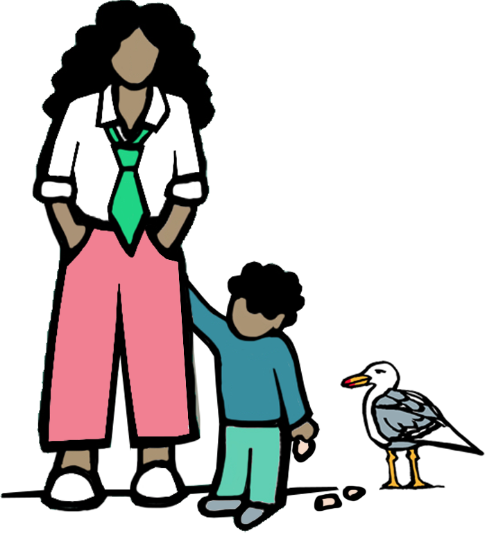 An adult and a child standing near a seagull on the ground, with the adult's hand resting on the child's head. The adult is wearing a white shirt, pink pants, and a green tie, while the child is dressed in a blue shirt and light green pants.