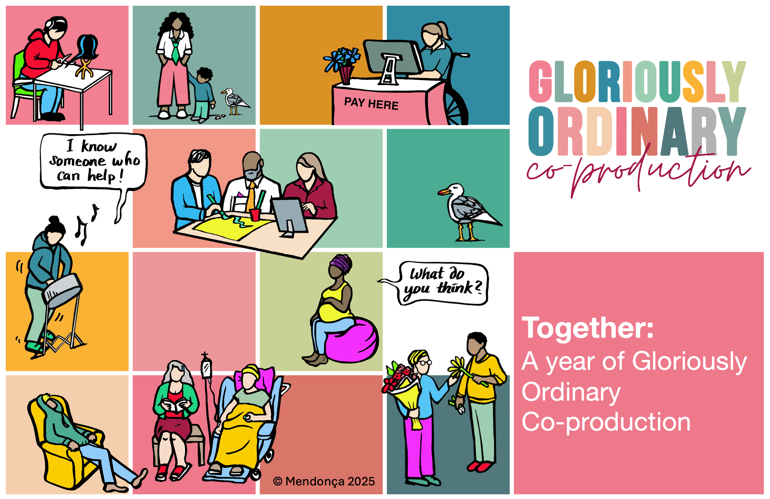 A colorful illustrated collage featuring various scenes of everyday life including knitting, walking a dog, working at a desk, making a decision, riding a scooter, in a waiting room, and receiving flowers. The top right corner has the text "Gloriously Ordinary co-production" and the bottom right corner says "Together: A year of Gloriously Ordinary Co-production."