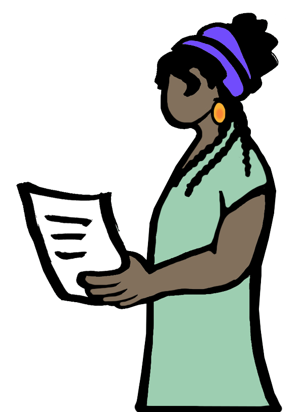 Illustration of a woman with dark skin, wearing a purple headscarf, large yellow earrings, and a light green dress, holding a piece of paper.