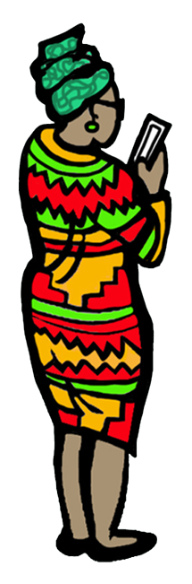 Illustration of a woman with green hair styled in an updo, wearing colorful traditional African attire, and looking at her smartphone.