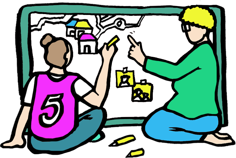 Two children playing with magnetic tiles on a board with small houses and trees.