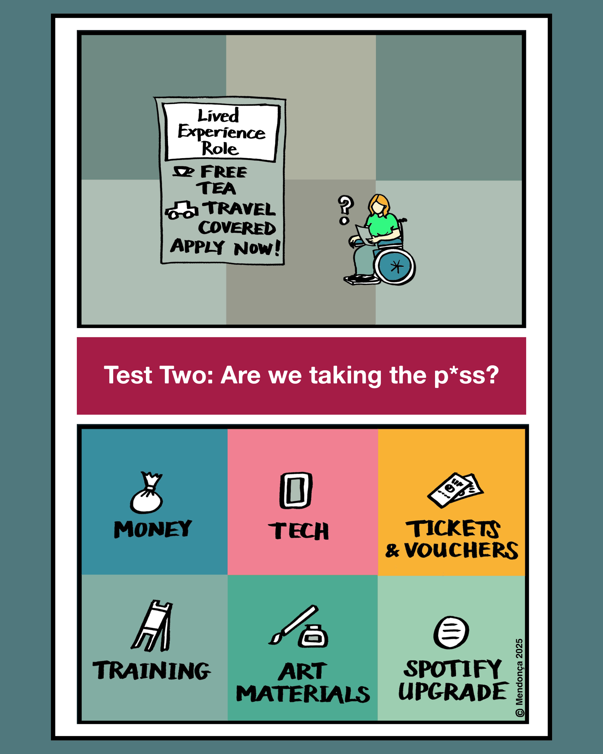 Illustration showing hand holding pen over lengthy to-do list, below grid of five people with speech bubbles. Text reads "Test Three: Are we clear that we need each other?"
