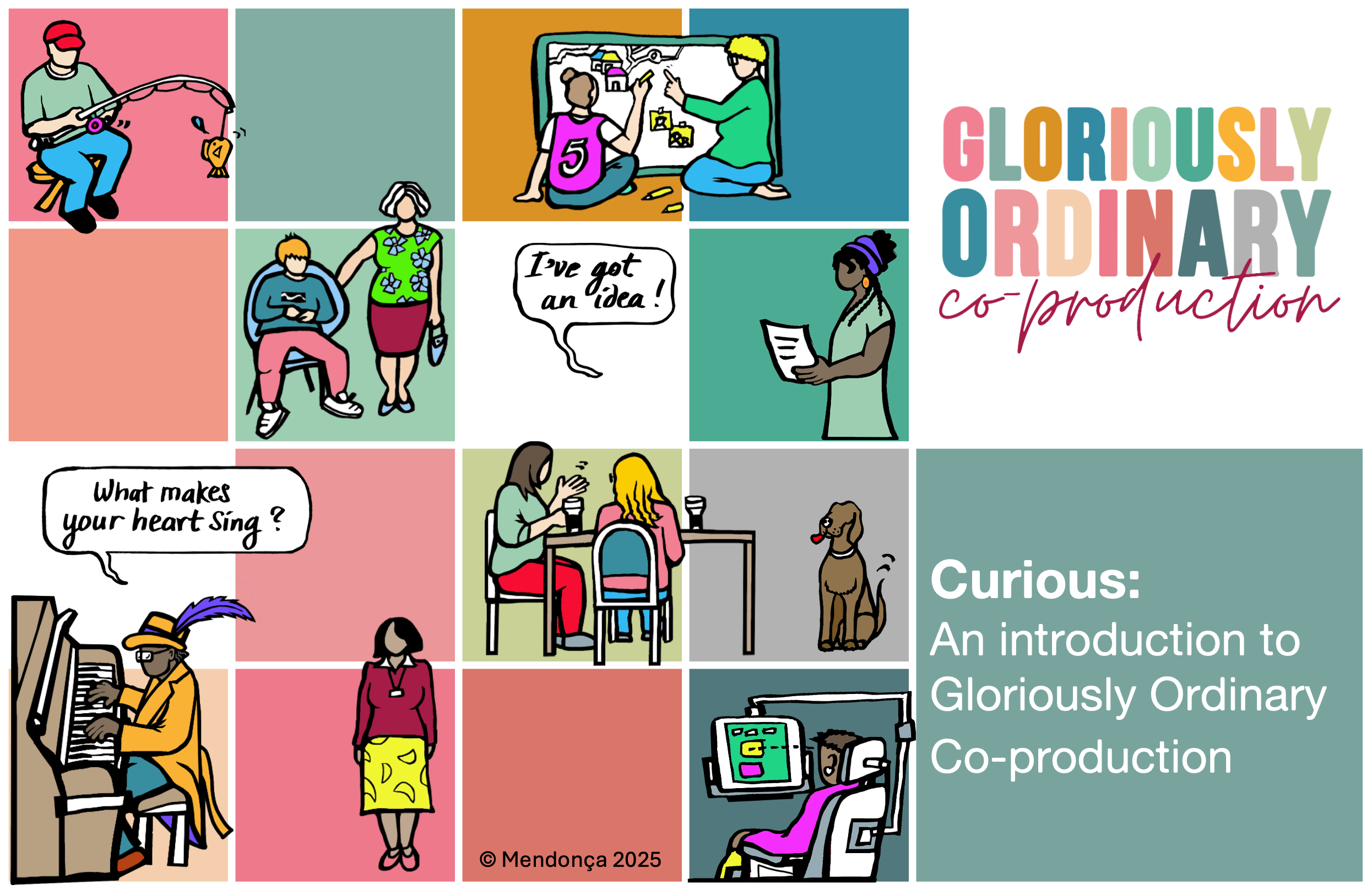 Colorful illustration featuring various people engaged in different activities: a man fishing, a person looking at a smartphone, two people playing with a tablet, a woman reading a book, a woman talking to a child at a table, a dog sitting, a person playing the piano, and a person receiving an eye exam. The text says "Gloriously Ordinary co-production" and "Curious: An introduction to Gloriously Ordinary Co-production."