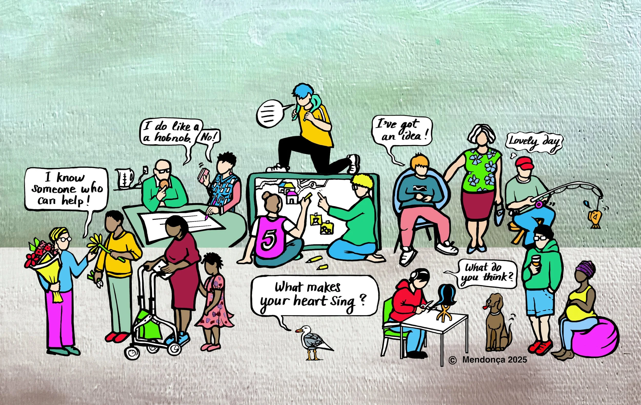 A colorful illustration of various people engaging in different activities outdoors, including talking, reading, playing, fishing, and socializing.