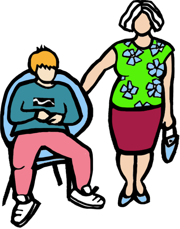Illustration of a woman standing beside a seated young man who is looking at his phone, with the woman holding a handbag and resting her arm on the man's shoulder.