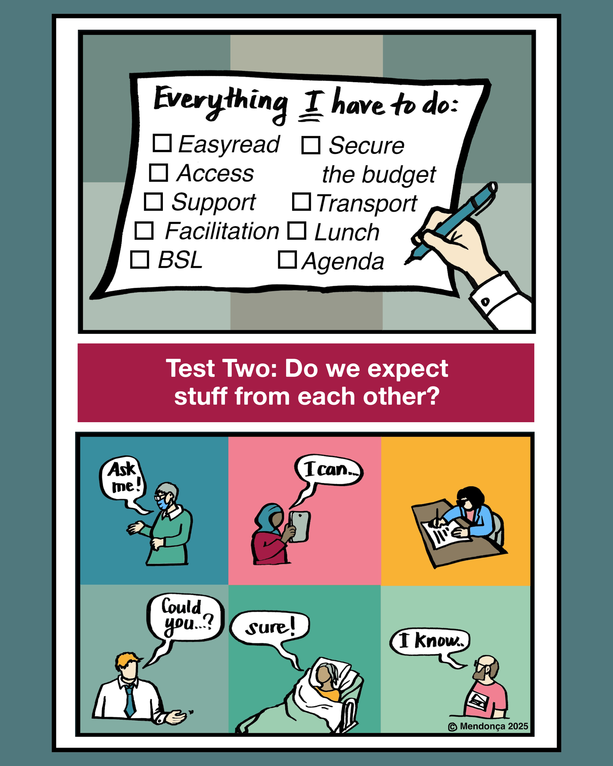 A comic-style illustration with a checklist titled 'Everything I have to do,' including tasks like Easyread, Access, Support, Facilitation, BSL, Secure the budget, Transport, Lunch, and Agenda. Below, a bold text reads 'Test Two: Do we expect stuff from each other?' The scene depicts six people in colorful panels, engaging in conversation or practicing social distancing and mask-wearing, with speech bubbles saying 'Ask me!', 'I can...', 'Could you...?', 'Sure!', and 'I know.'